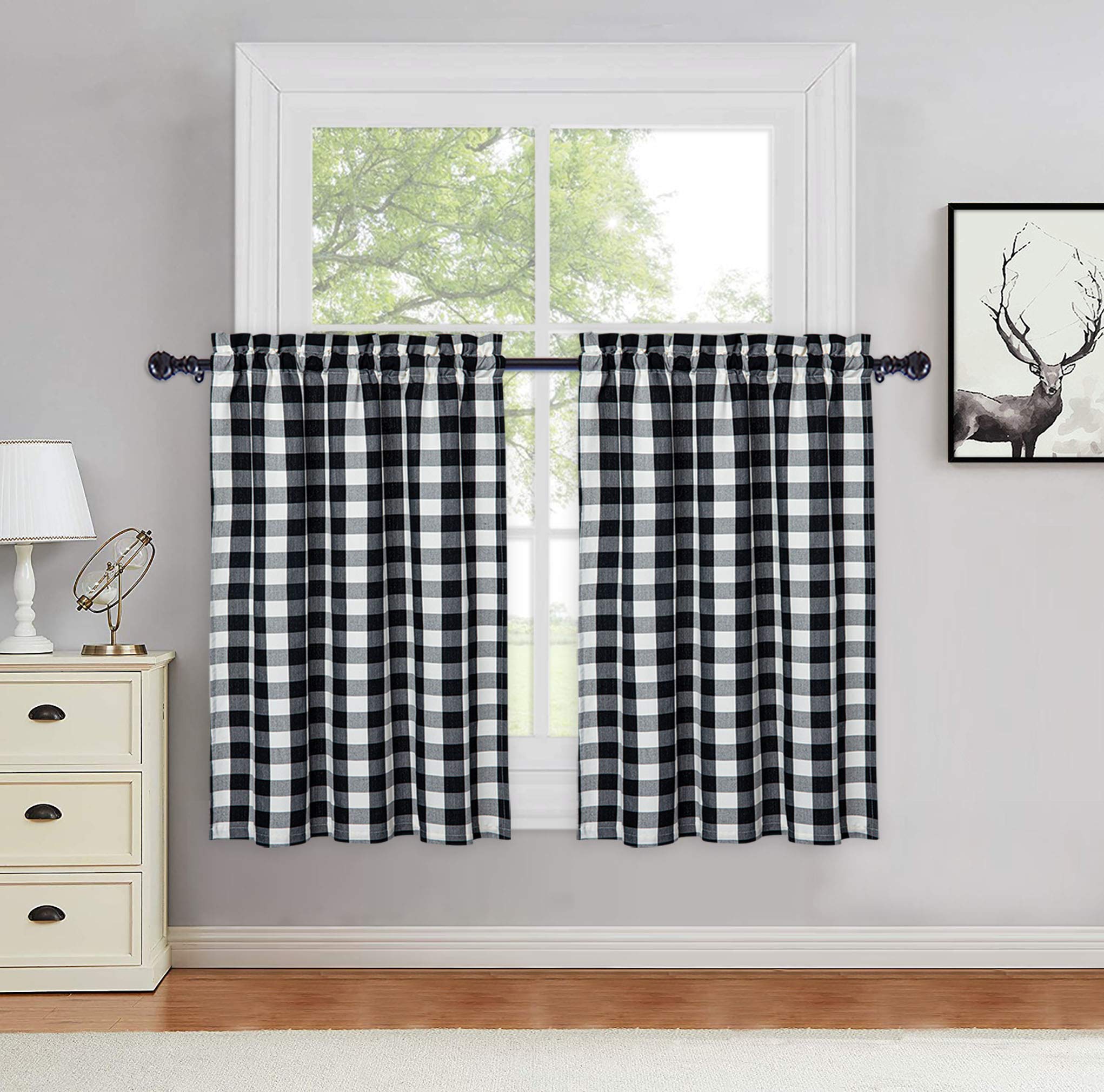 Harperlare Black & White Buffalo Check Cotton Kitchen Curtains - 36 Inch Farmhouse Plaid Gingham Window Treatment for Bathroom, Cafe & Half Windows - Perfect for Rustic, Country & Modern Home Decor (Set of 2)