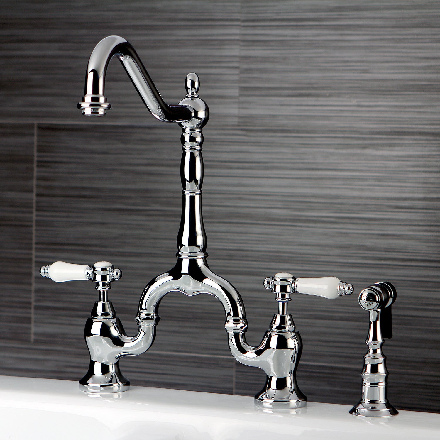 Bel Air KS7751BPLBS Two Handle 3 Hole Deck Mount Bridge Kitchen Faucet with Brass Side Sprayer, Polished Chrome - Perfect for Modern Kitchens, Dishwashing & Food Prep