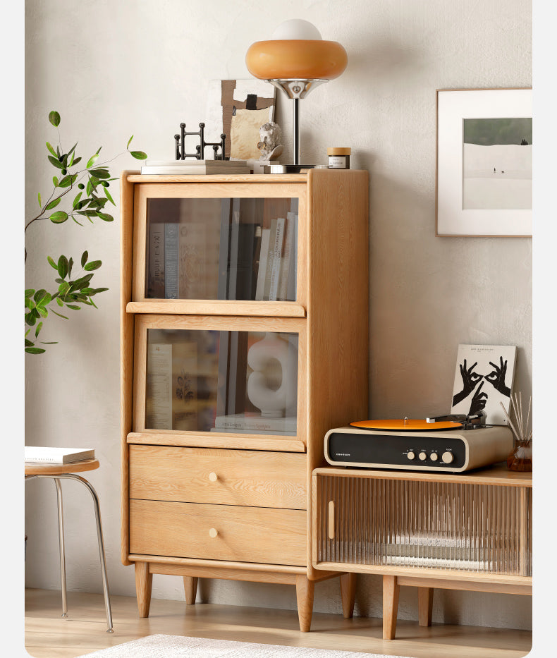 Solid Oak and Ash Wood Flip Door Side Cabinet with LED Lighting - Perfect for Living Room, Bedroom, or Office Storage and Display