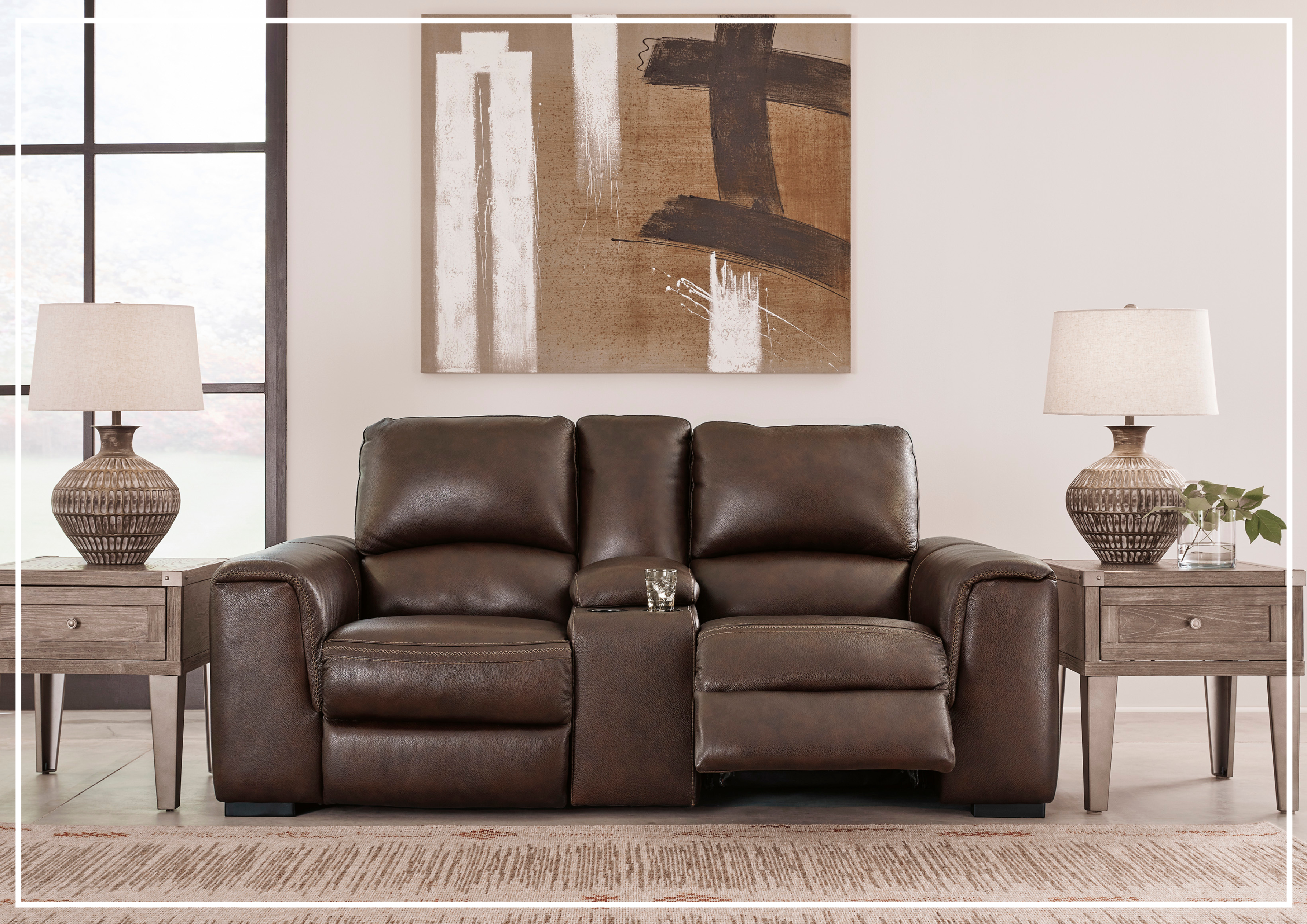 Adriano Dual Power Leather Reclining Loveseat with Console - Modern PU Leather Sofa with USB Charging & Cup Holders - Perfect for Living Room, Home Theater & Small Spaces