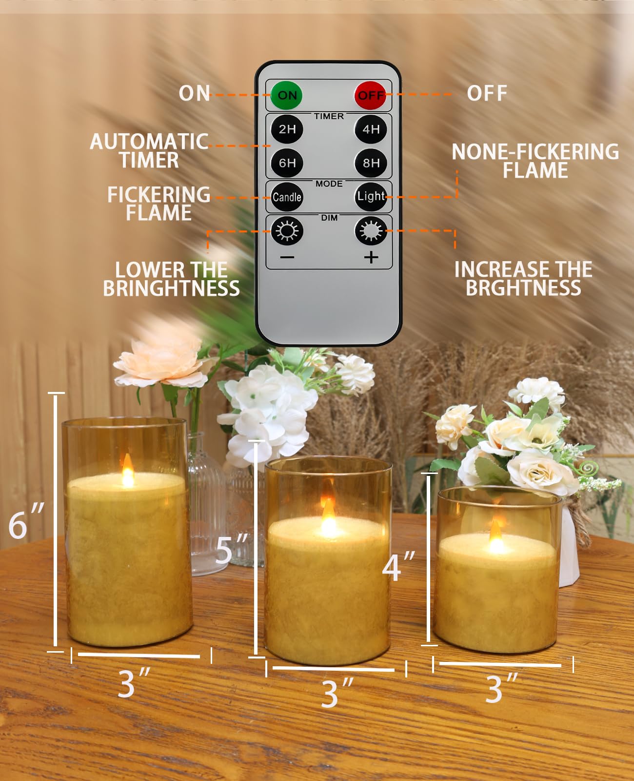 ACROSS Amber Gold Flameless LED Candles with Remote Control - Battery Operated Fake Pillar Candles Set of 3 (4'', 5'', 6'') with Timer - Perfect for Home Decor, Weddings, and Romantic Dinners