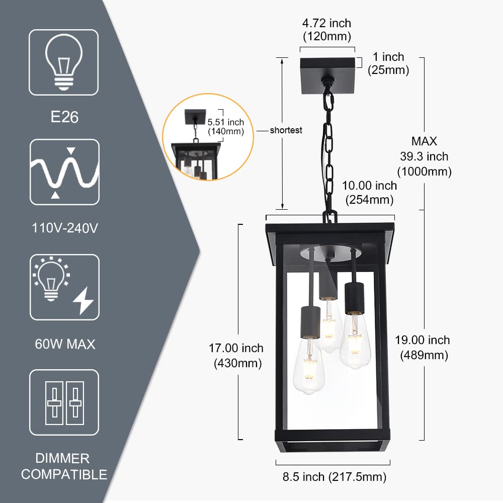 3-Light Black Outdoor Pendant Light Fixture - Adjustable Exterior Hanging Lantern for Porch, Patio, Deck & Garden Lighting | Weatherproof & Durable Design
