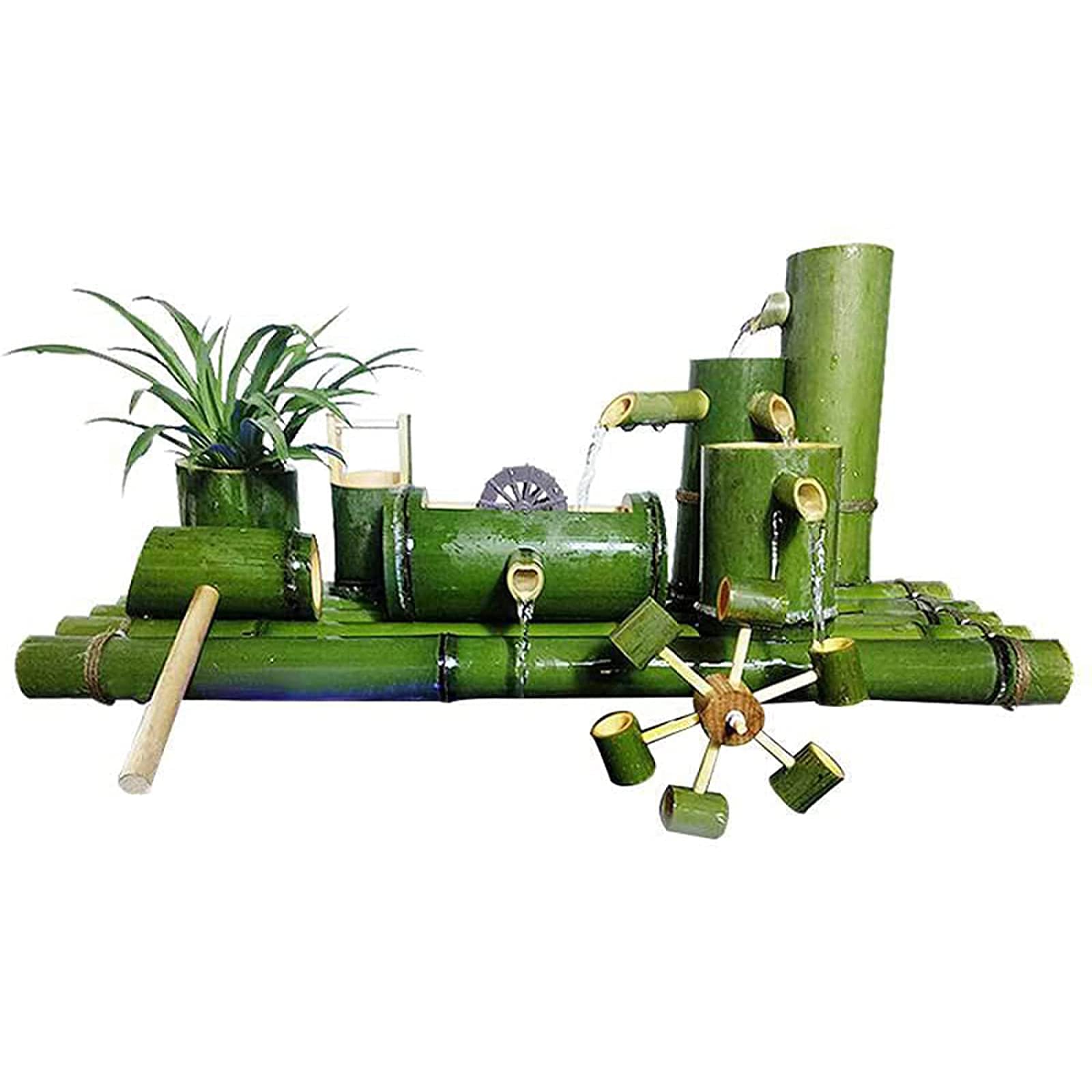 Outdoor Garden Water Fountain with Bamboo Spout - Ceramic Bird Bath & Fish Tank Pump with Stone Filter for Patio, Yard, and Pond Decoration