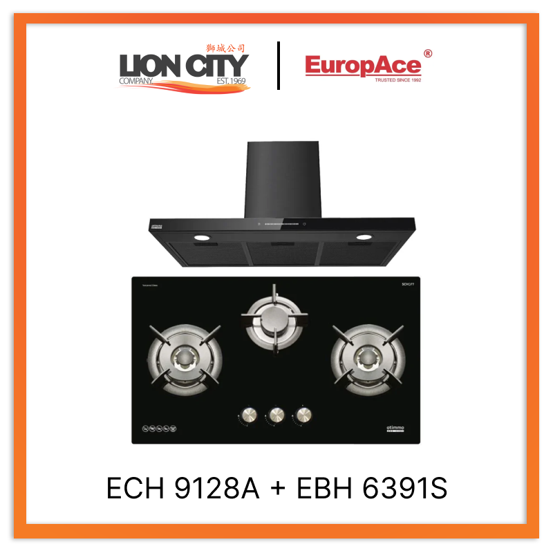 Europace ECH9128A 90cm Premium T Chimney Range Hood + EBH 6391S 3-Burner 90cm Gas Cooktop with Schott Glass - Modern Kitchen Ventilation & Cooking Solution for Home Chefs