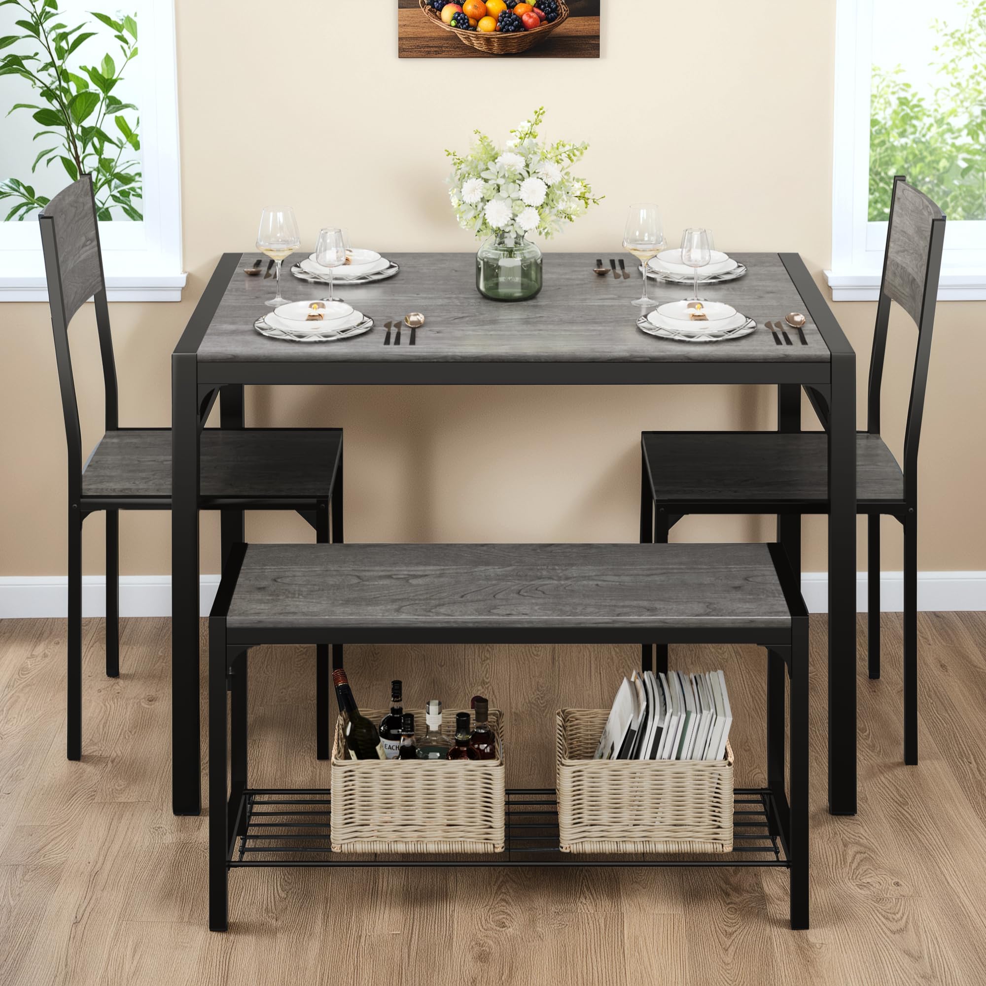 Modern 4-Piece Dining Table Set with Storage Bench & Chairs - Space-Saving Rectangular Kitchen Table for Small Apartments, Restaurants (Grey) | Perfect for Breakfast Nooks, Studio Living & Compact Dining Areas