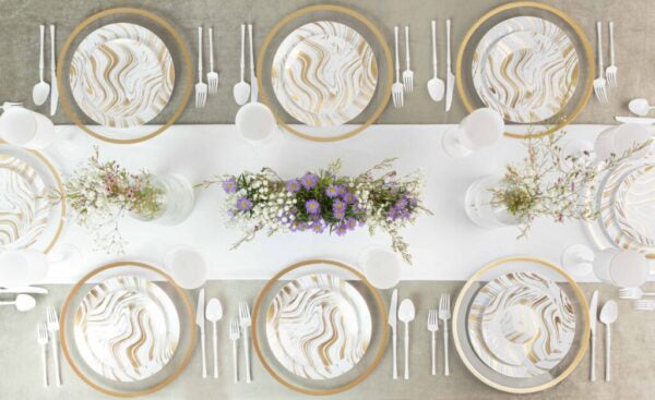 32-Piece White and Gold Round Plastic Dinnerware Set for 16 Guests - Elegant Disposable Plates, Bowls, Cups & Cutlery - Perfect for Weddings, Parties, Catering & Outdoor Events