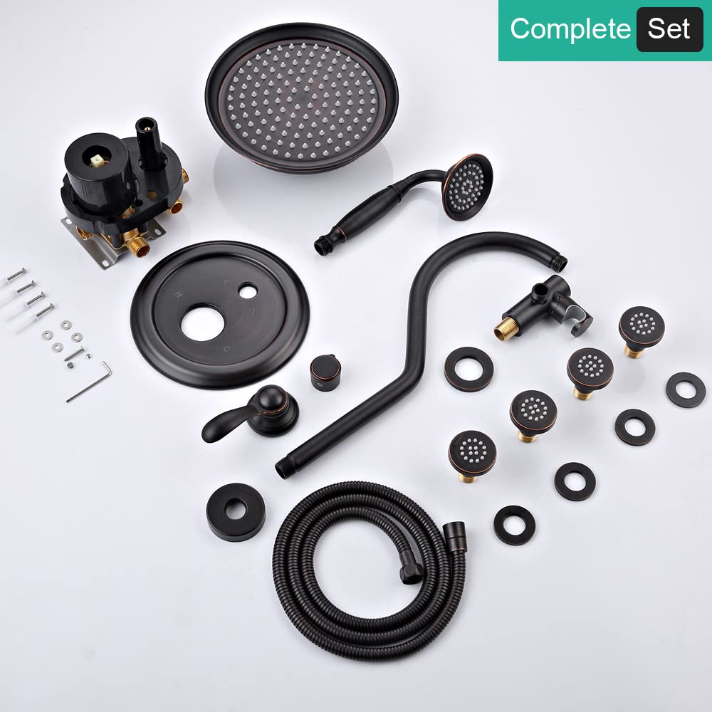 Antique Shower Faucet Set - 9 Inch Wall Mount Rain Shower Head with Handheld Spray & Body Jets, 3-Way Diverter Valve System & Trim Kit in Oil Rubbed Bronze Finish | Perfect for Luxury Bathroom Renovations & Spa-Like Shower Experiences