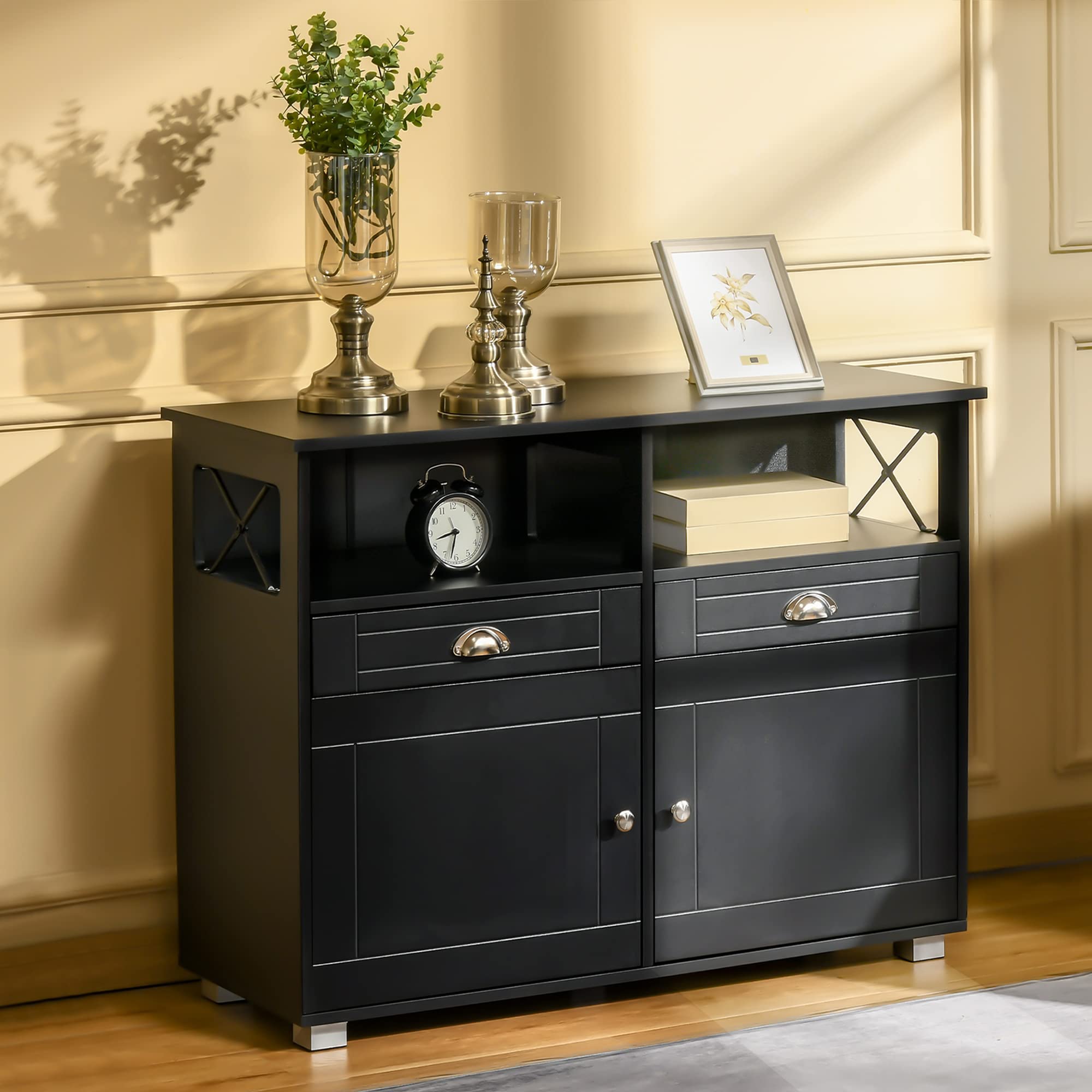 HOMCOM Sideboard Buffet Cabinet - Modern Coffee Bar & Kitchen Storage with Large Tabletop, Drawers & Crossbar Design - Perfect for Dining Room, Living Room or Kitchen Organization - Black