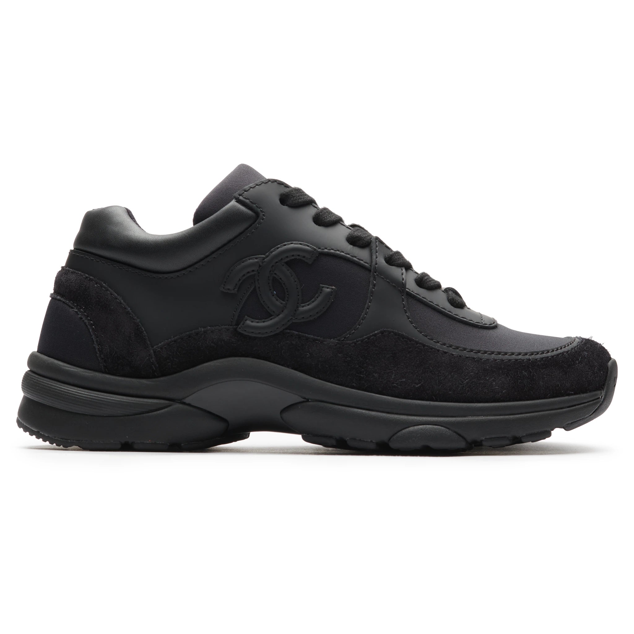 Chanel CC Logo Suede Triple Black Sneakers - Authentic Pre-Owned Luxury Shoes for Women | Perfect for Casual Outfits, Street Style & Fashion Events