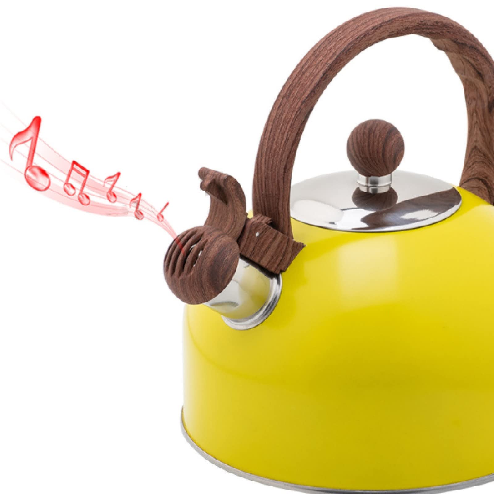 Premium 2.5L Stainless Steel Whistling Tea Kettle for Stovetop - Wood Grain Handle with Loud Whistle - Yellow - Perfect for Home, Office & Camping Tea Brewing