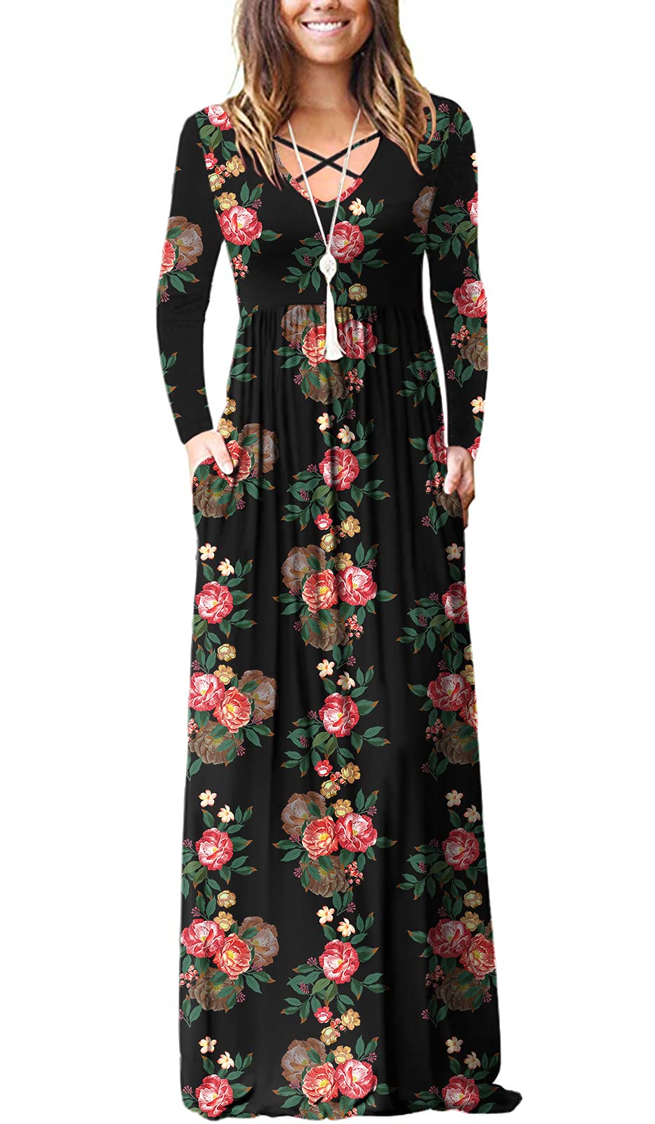 LILBETTER Women's Long Sleeve Maxi Dress - Loose Fit Casual Plain Long Dress with Pockets for Everyday Wear, Travel & Outdoor Activities