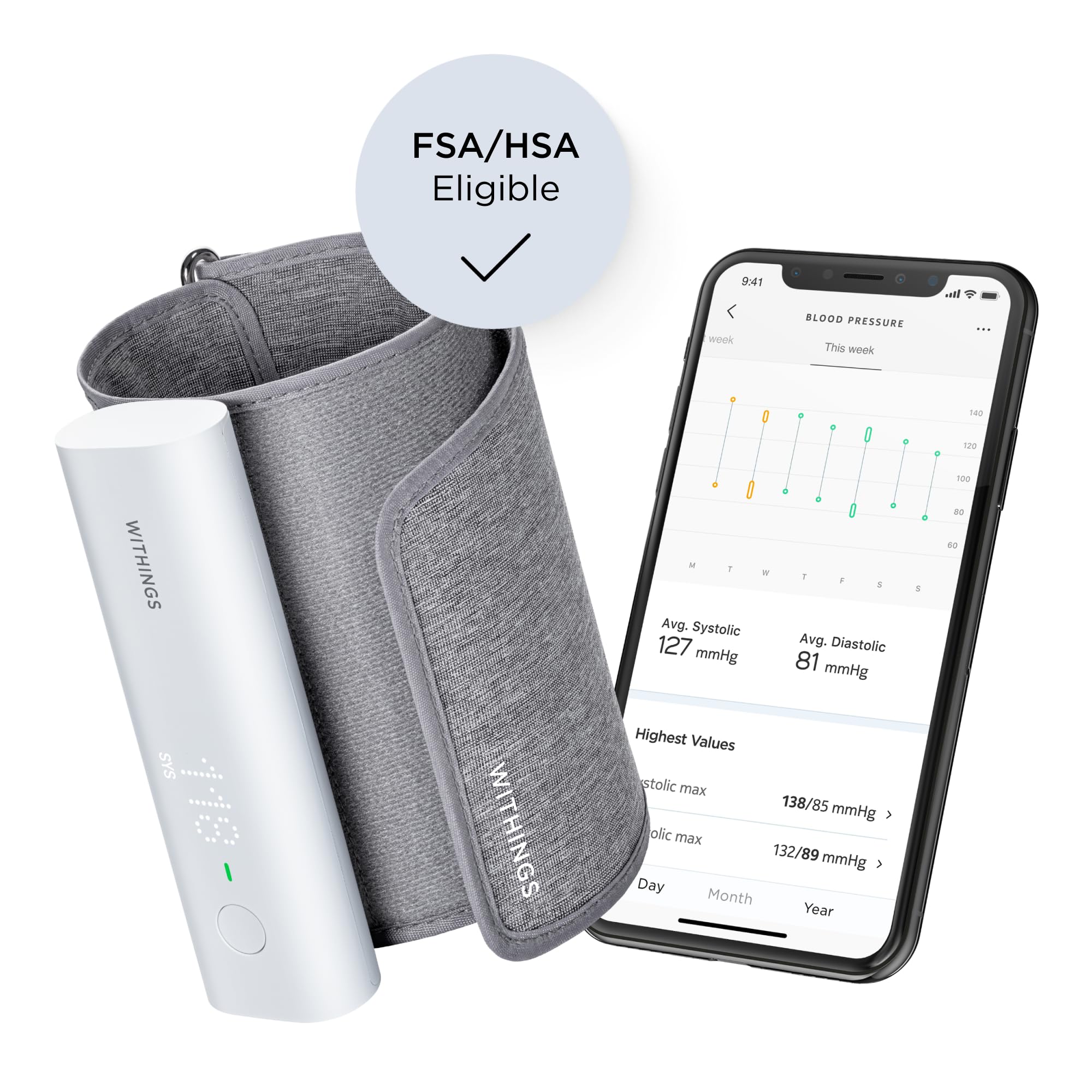 Withings BPM Connect - Smart Digital Blood Pressure Monitor with Heart Rate Tracking - FDA Cleared Arm Cuff for iOS & Android - Home Health Monitoring Device for Hypertension & Heart Health Management