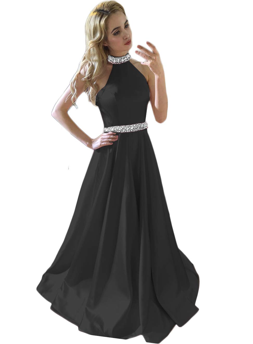 Elegant Backless Halter Neckline Prom Dresses with Rhinestone Beading - Satin Formal Evening Gowns for Homecoming, Ball, Wedding & Special Occasions