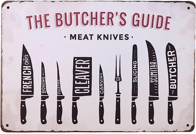 The Butcher's Guide Series - Vintage Meat Knives Metal Wall Art Plaque (5.5x8 Inch) - Perfect for Home Kitchen, Bar, Coffee Shop & Restaurant Decor