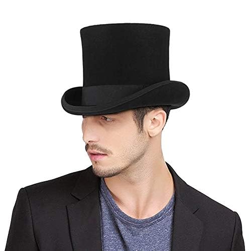 GEMVIE Men's 100% Wool Top Hat with Satin Lining - Elegant Derby Dress Hat for Formal Events, Weddings & Victorian Costume Parties - Black Classic Gentleman's Hat