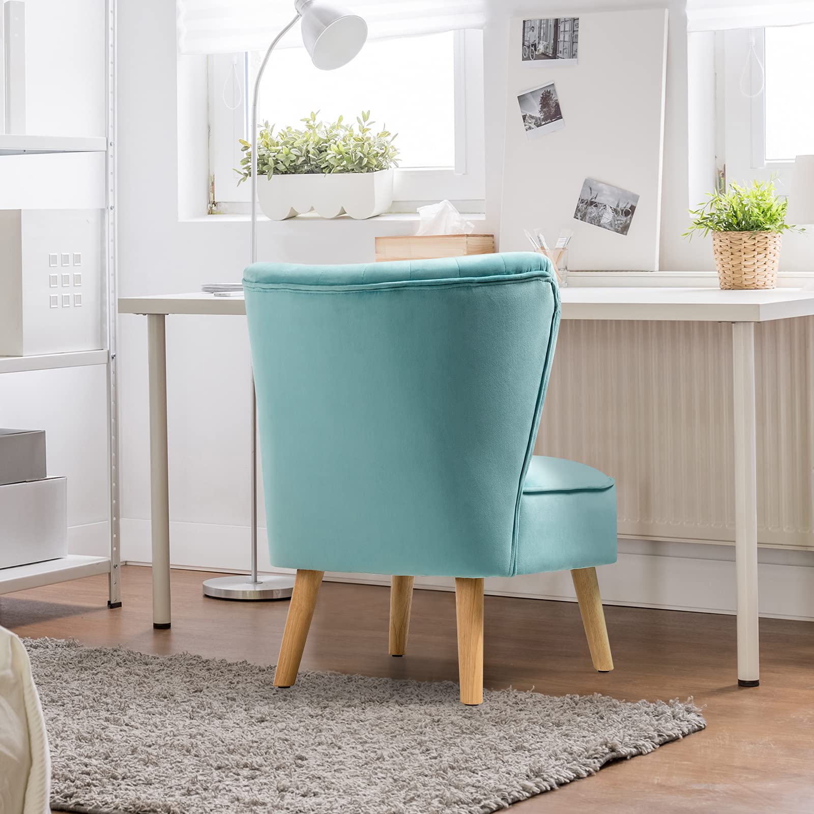 Velvet Modern Armless Accent Chair with Rubber Wood Legs & Thick Sponge Seat - Upholstered Wingback Sofa Chair for Living Room, Bedroom & Office - Turquoise Blue Leisure Chair for Reading Nook, Lounge & Small Spaces