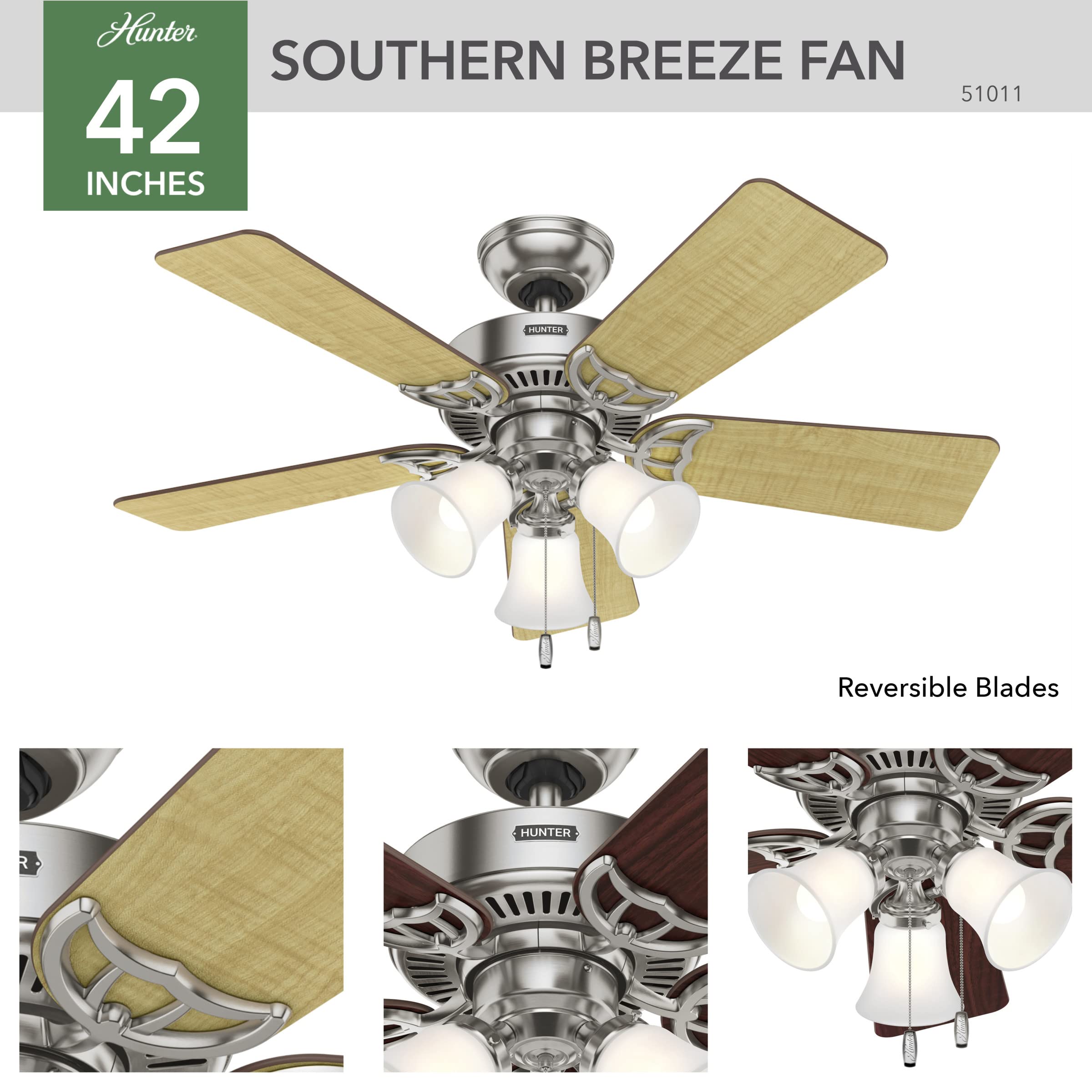 Hunter Fan Company 51011 42-Inch Southern Breeze Brushed Nickel Ceiling Fan with LED Light Kit & Pull Chain - Energy Efficient Indoor Ceiling Fan for Living Room, Bedroom & Office (Brown)