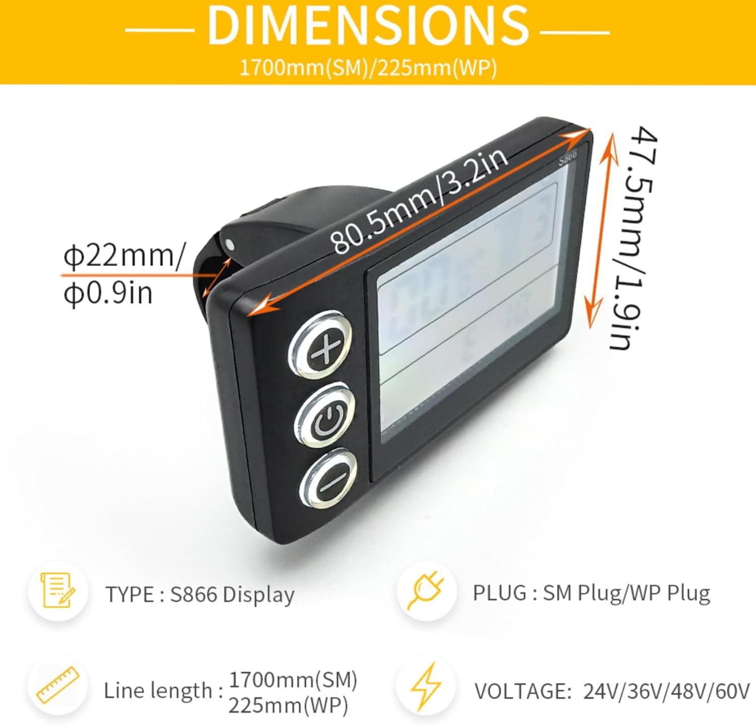 **S866 Universal E-Bike LCD Display Meter - 24V 36V 48V 60V Waterproof Control Panel for Electric Bikes & Scooters - 6 Pin 22.2mm Screen for Commuting, Off-Road & Urban Riding**