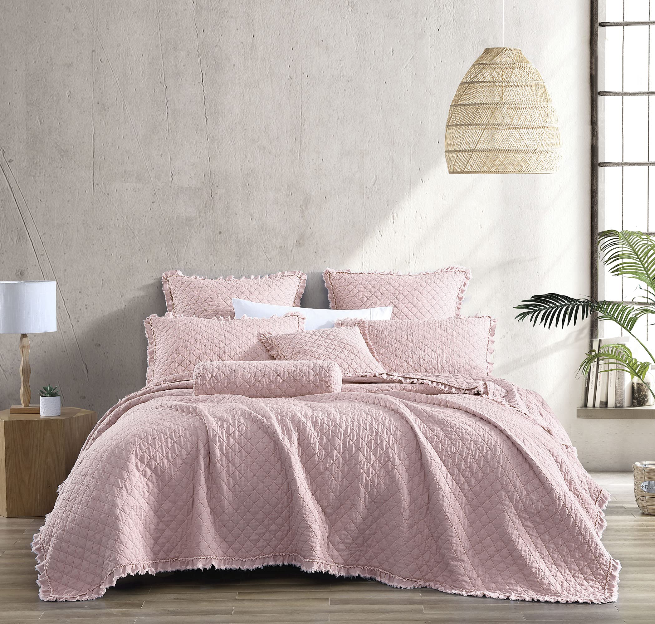 Brielle Home Ravi Stone Washed Solid Diamond Stitched Quilt Set - Twin/Twin XL Size, Soft Blush Pink Bedding - Perfect for Guest Rooms, Dorm Decor & Cozy Bedroom Makeovers
