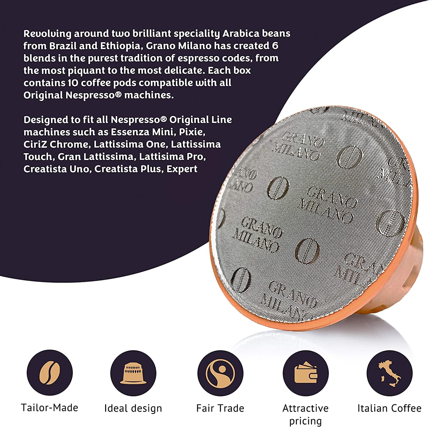 Premium Italian Arabica Coffee Pods for Nespresso - Medium Roast, Intensity 7/12 - Perfect for Home & Office Espresso