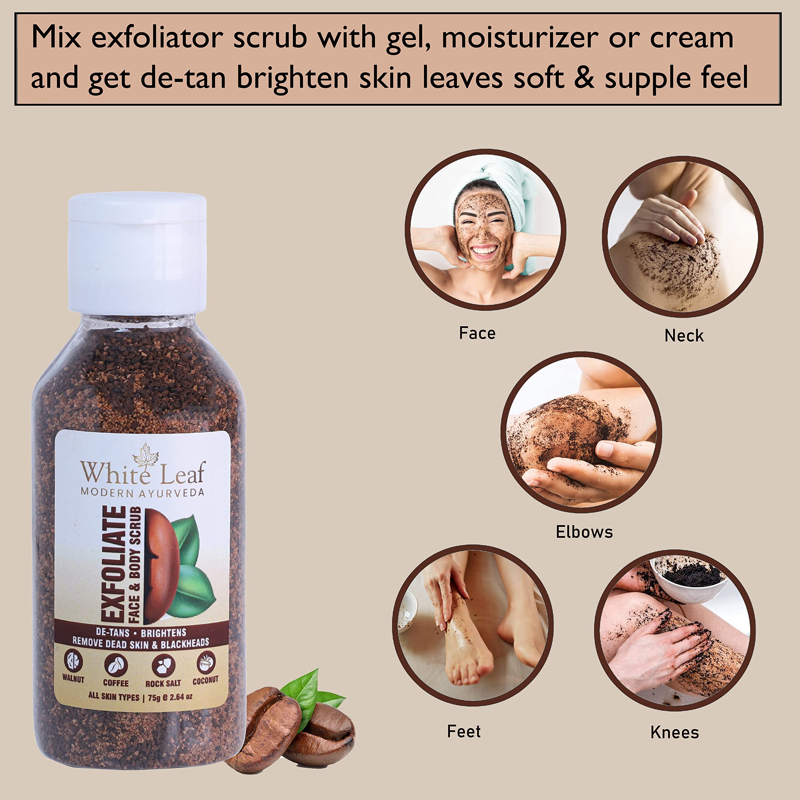 White Leaf Exfoliating Walnut Scrub 75g (Pack of 3) - Coffee & Coconut Face & Body Scrub for Dead Skin Removal, Tan Reduction, Blackhead Treatment - Deep Cleansing for Pollution-Free Skin - Perfect for Daily Skincare Routine & Spa Days