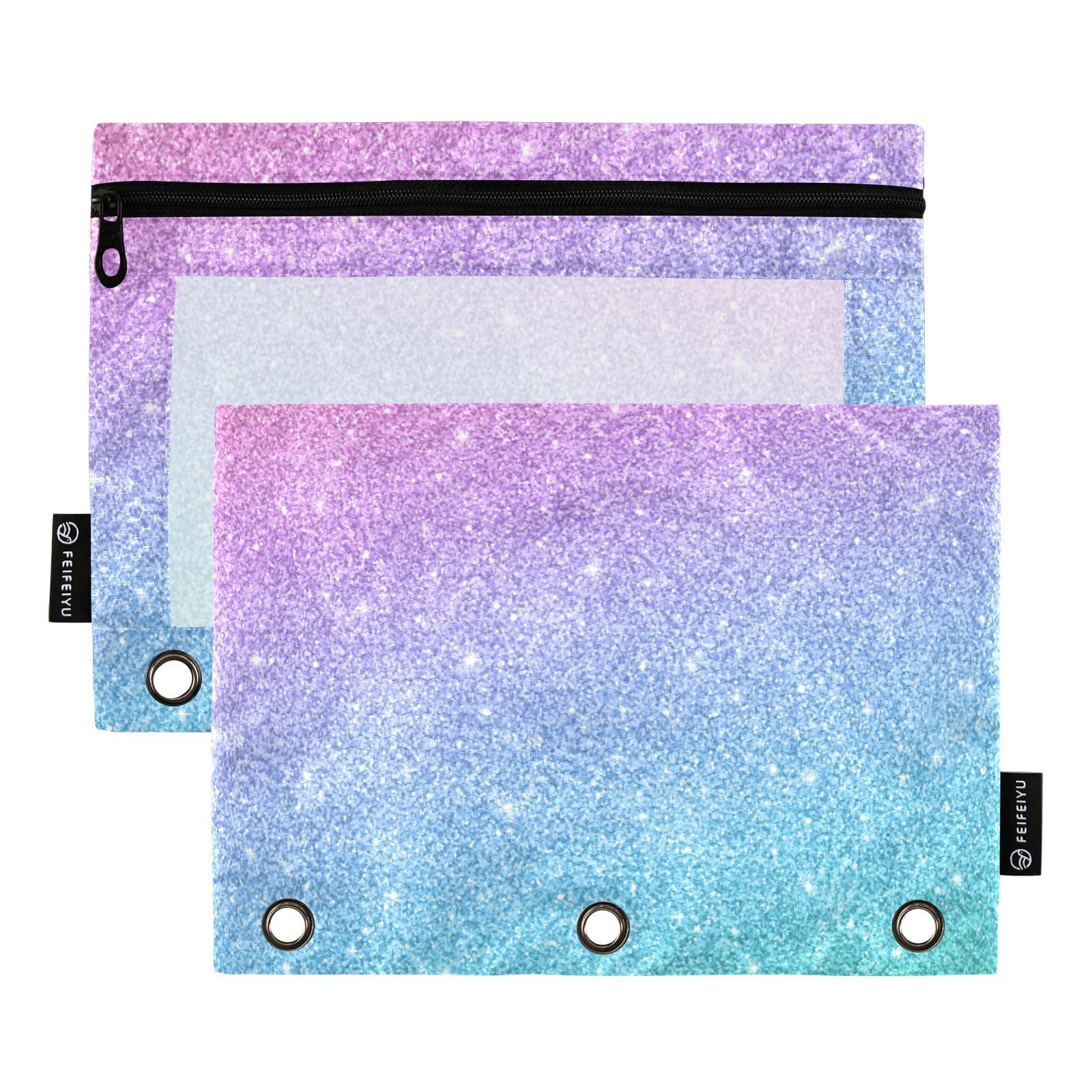 Gredecor Glitter 3-Ring Binder Pencil Pouch Set - 2 Pack Blue & Pink Zippered Pencil Cases, Clear School & Office Organizer for Folders, Notebooks & Supplies | Perfect for Students, Teachers & Professionals