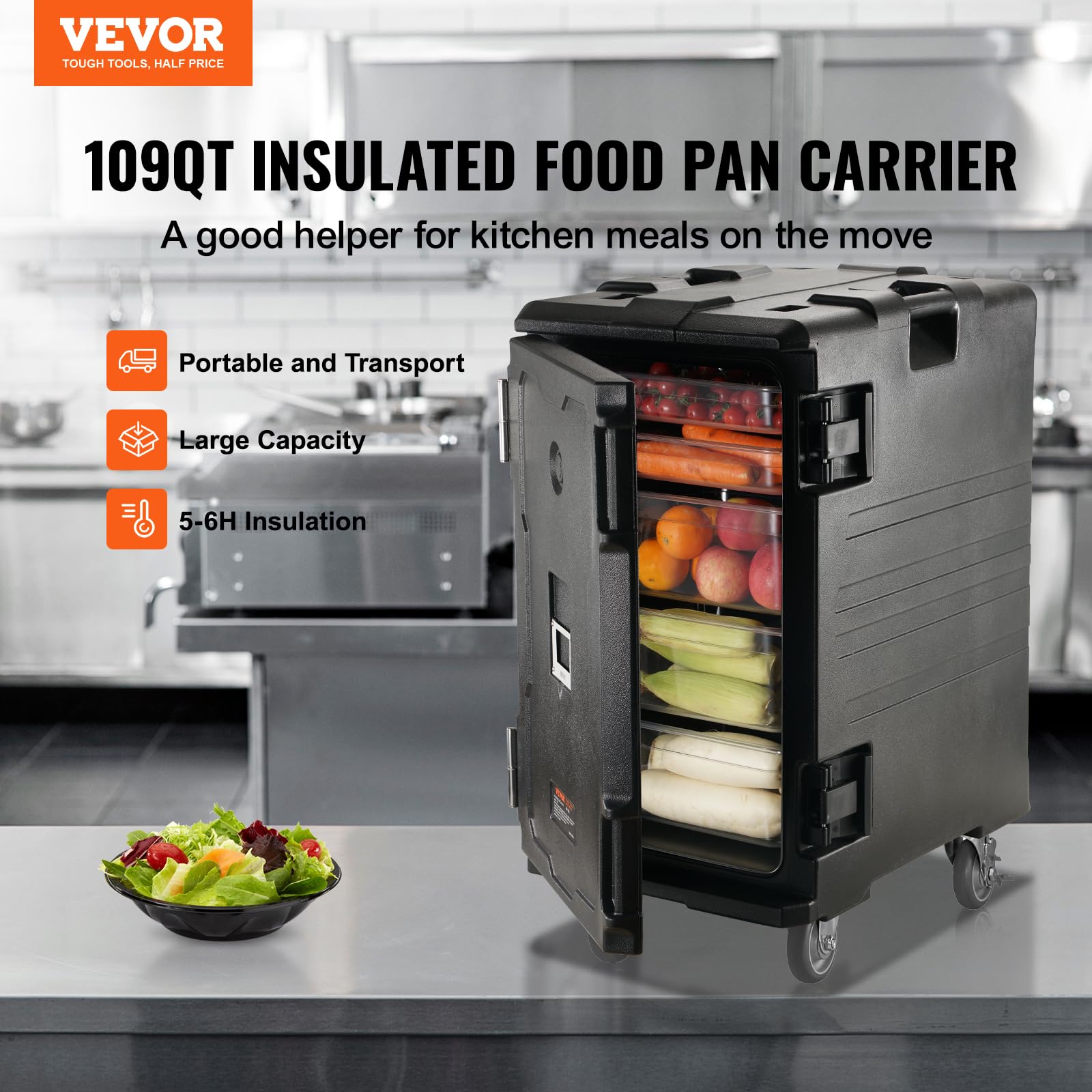 VEVOR Insulated Food Pan Carrier 126 Qt Hot Box - Double Buckle Front Loading Food Warmer with Wheels & Handles for Catering, Restaurants, Canteens | Keep Meals Hot During Transport & Events