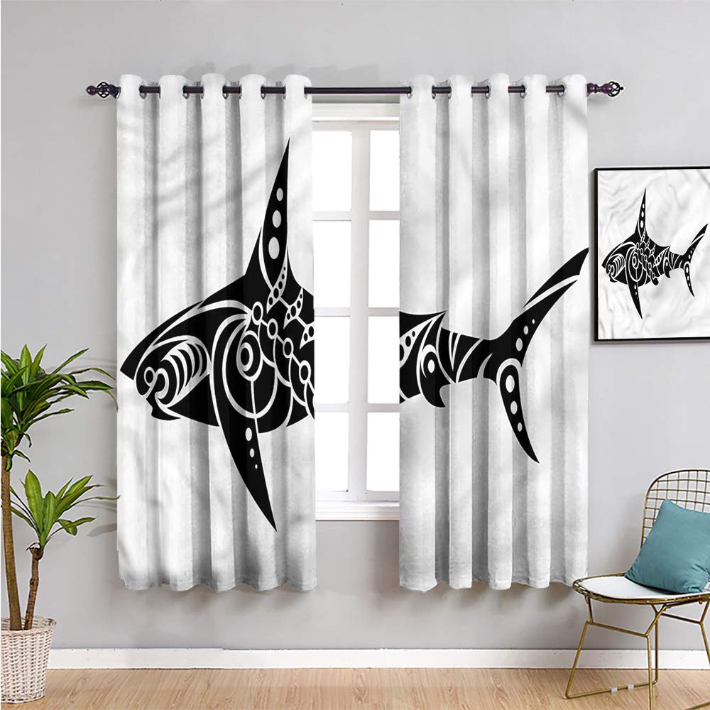 Tribal Blackout Curtains for Bedroom - 72 Inch Length Shark Tattoo Design Window Drapes (63