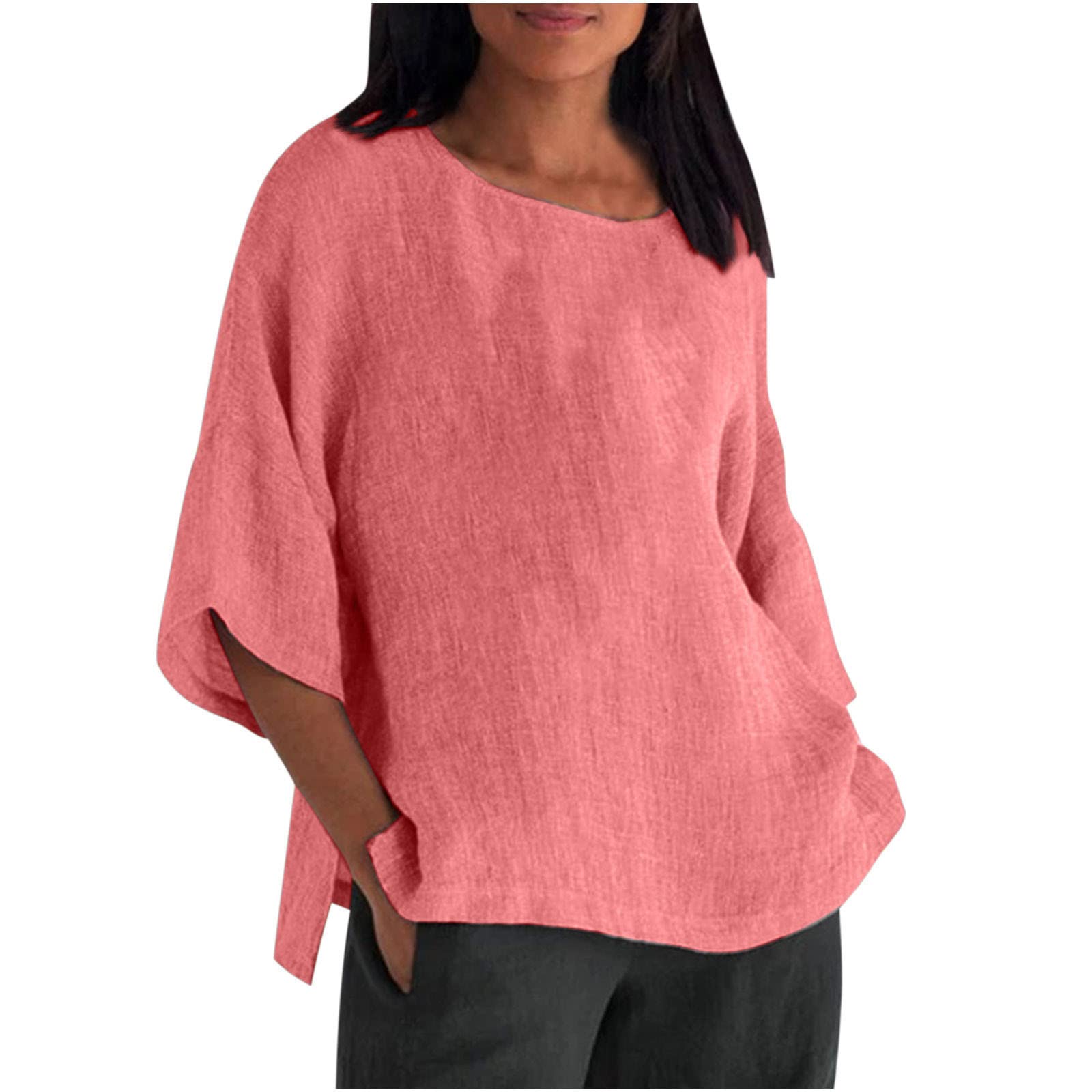 Women's Three Quarter Sleeve Cotton Linen T-Shirts - Solid Color Casual Blouses with Slit Hem | Trendy Summer Tops for Everyday Wear, Office & Outings
