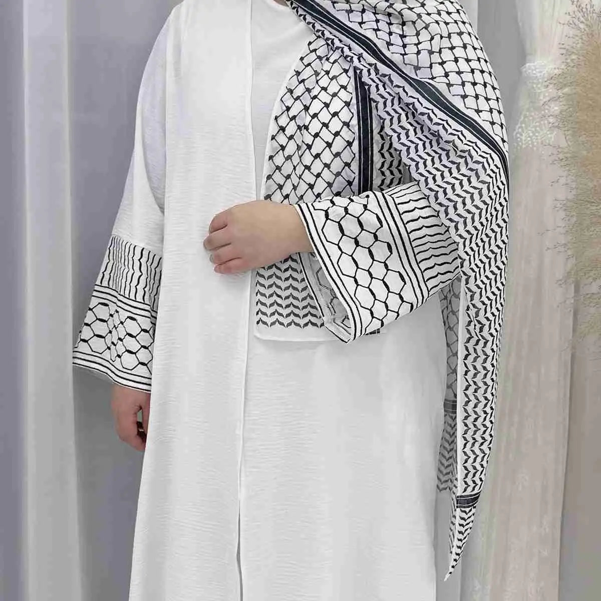 Elegant Muslim Women's Open Abaya Dress with Keffiyeh Embroidery Sleeves - Modest Islamic Fashion for Prayer, Mosque & Special Occasions
