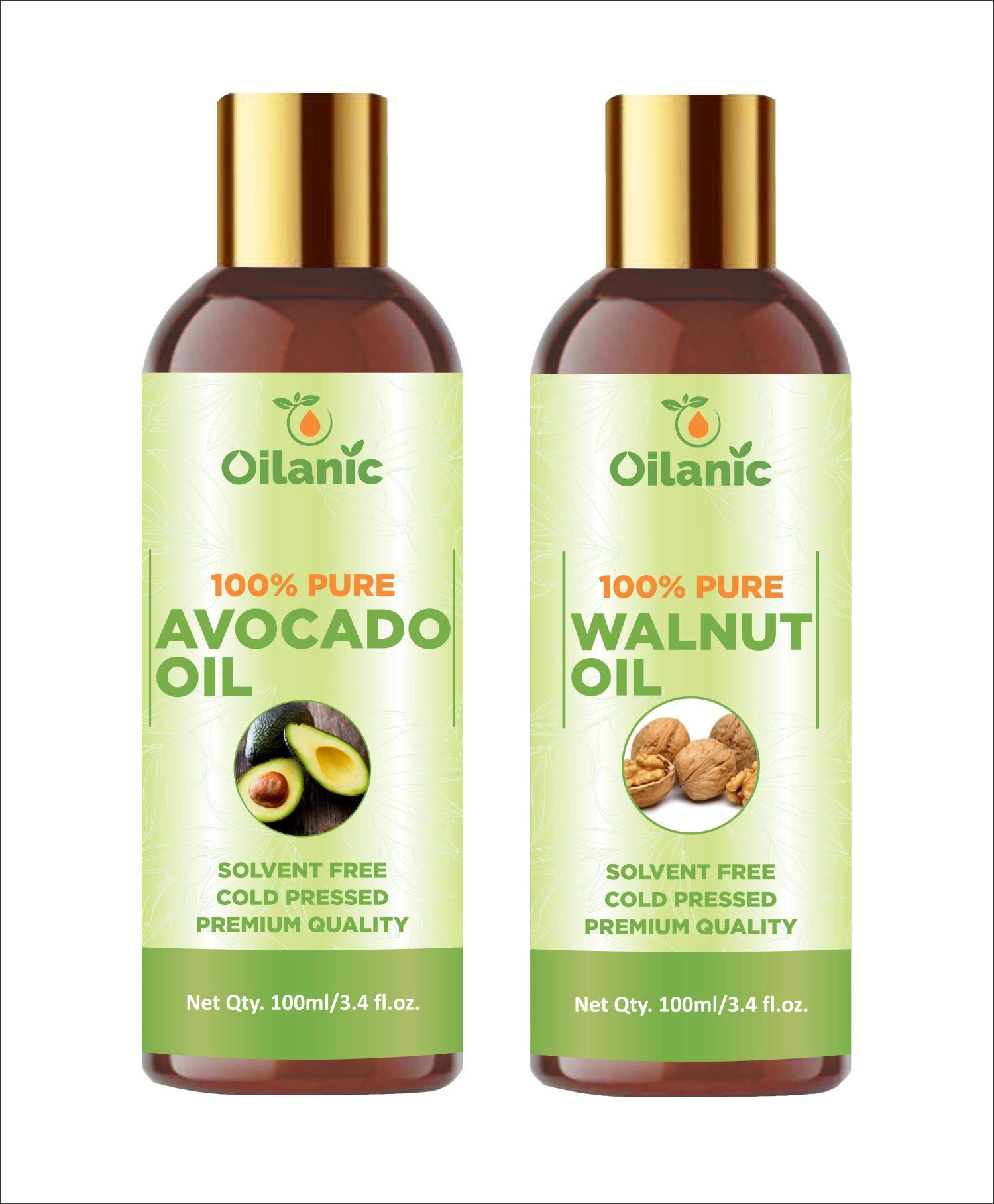Oilanic 100% Pure Natural Avocado Oil & Walnut Oil Combo - 2 Bottles (200ml Total) for Face, Hair & Body Care - Organic Cold Pressed Skincare Treatment for Dry Skin & Nourishment