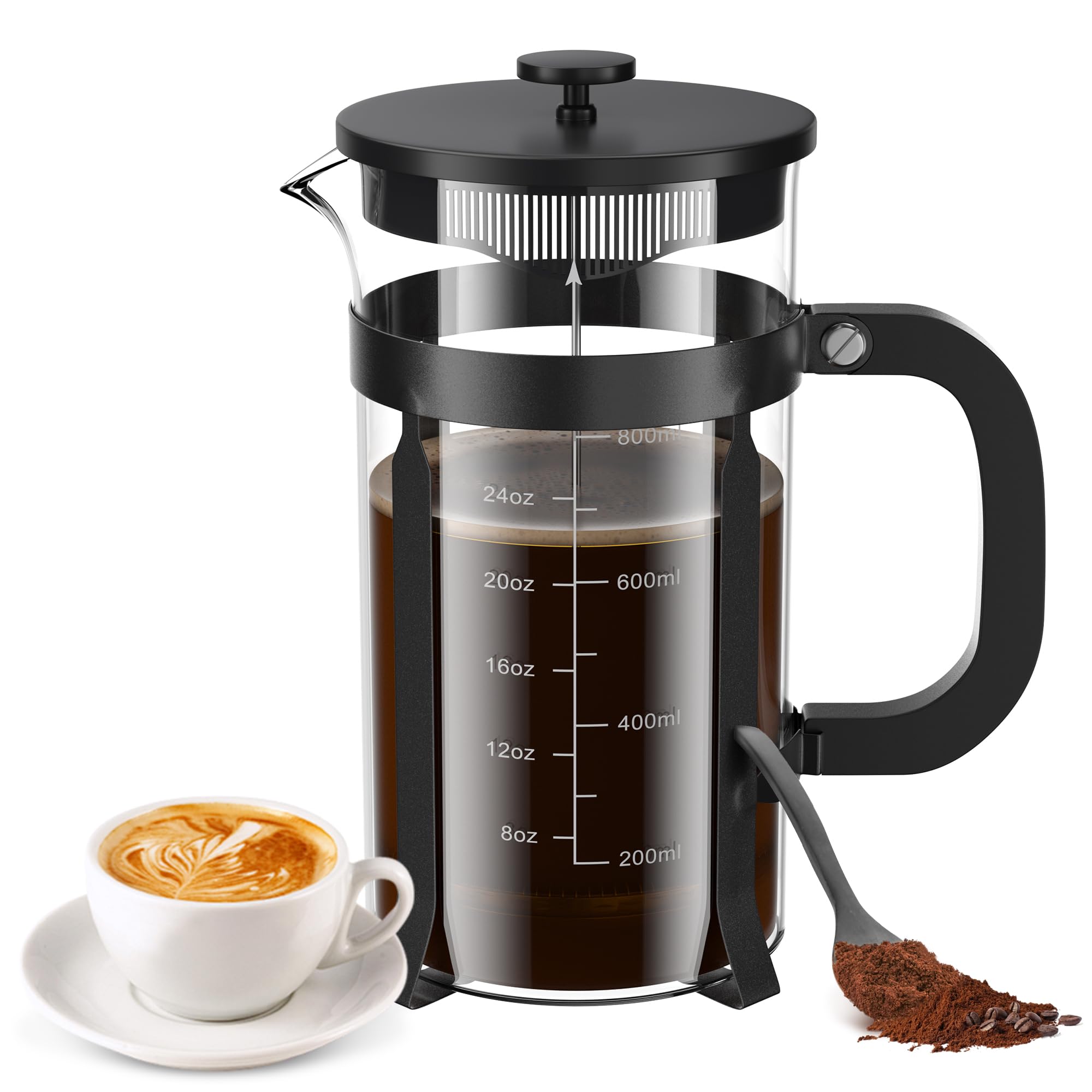 Premium Stainless Steel French Press Coffee Maker - 34oz (1L) Borosilicate Glass, Heat Resistant for Hot & Cold Brew Coffee, Tea, Espresso | Perfect for Home, Office, Camping & Gifts
