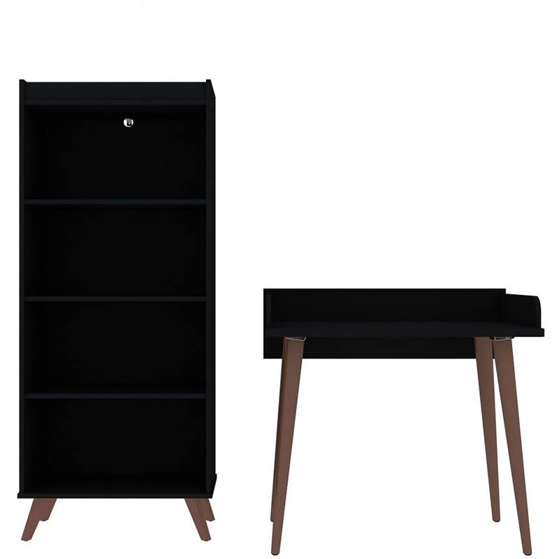 Mid-Century Modern Wood 2-Piece Home Office Set in Black - Stylish Writing Desk & Chair for Small Spaces, Home Office, Study Room & Workspace