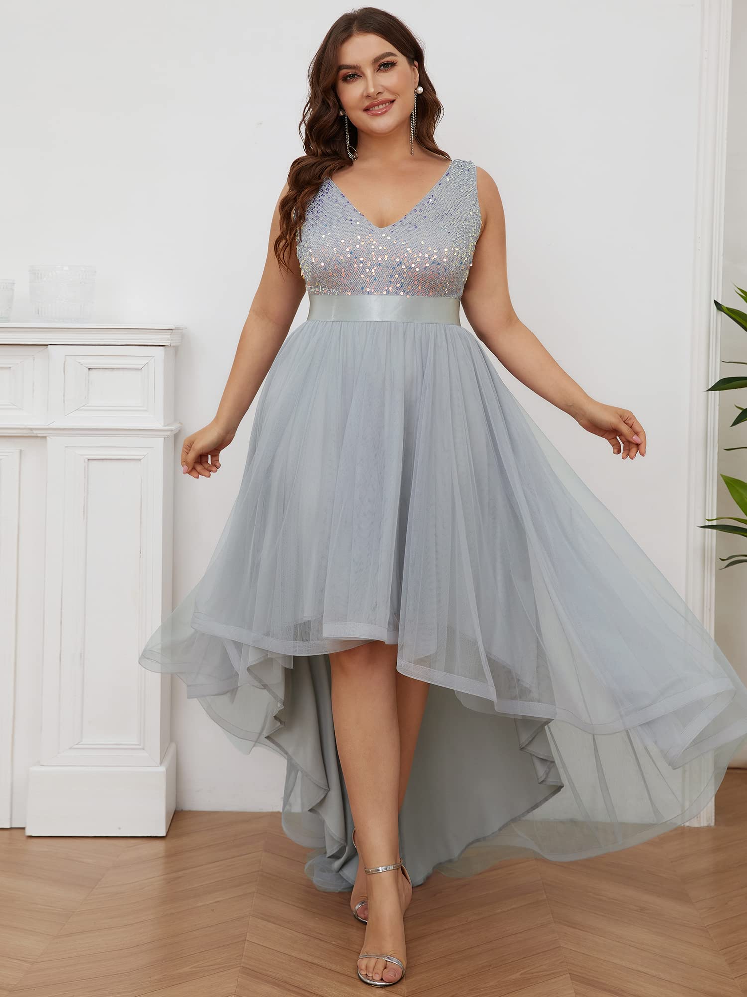 Ever-Pretty Women's Plus Size Double V-Neck A-Line High-Low Sequin Tulle Formal Dress 0147A-DA for Curvy Women - Perfect for Prom, Evening Gala, Wedding Guest & Special Occasions