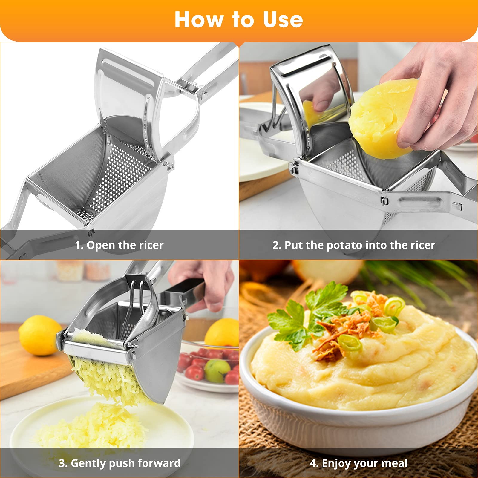 METLUCK 22oz Stainless Steel Potato Ricer & Masher - Heavy Duty for Smooth Fluffy Mashed Potatoes, Perfect for Thanksgiving, Baby Food & Restaurant Use