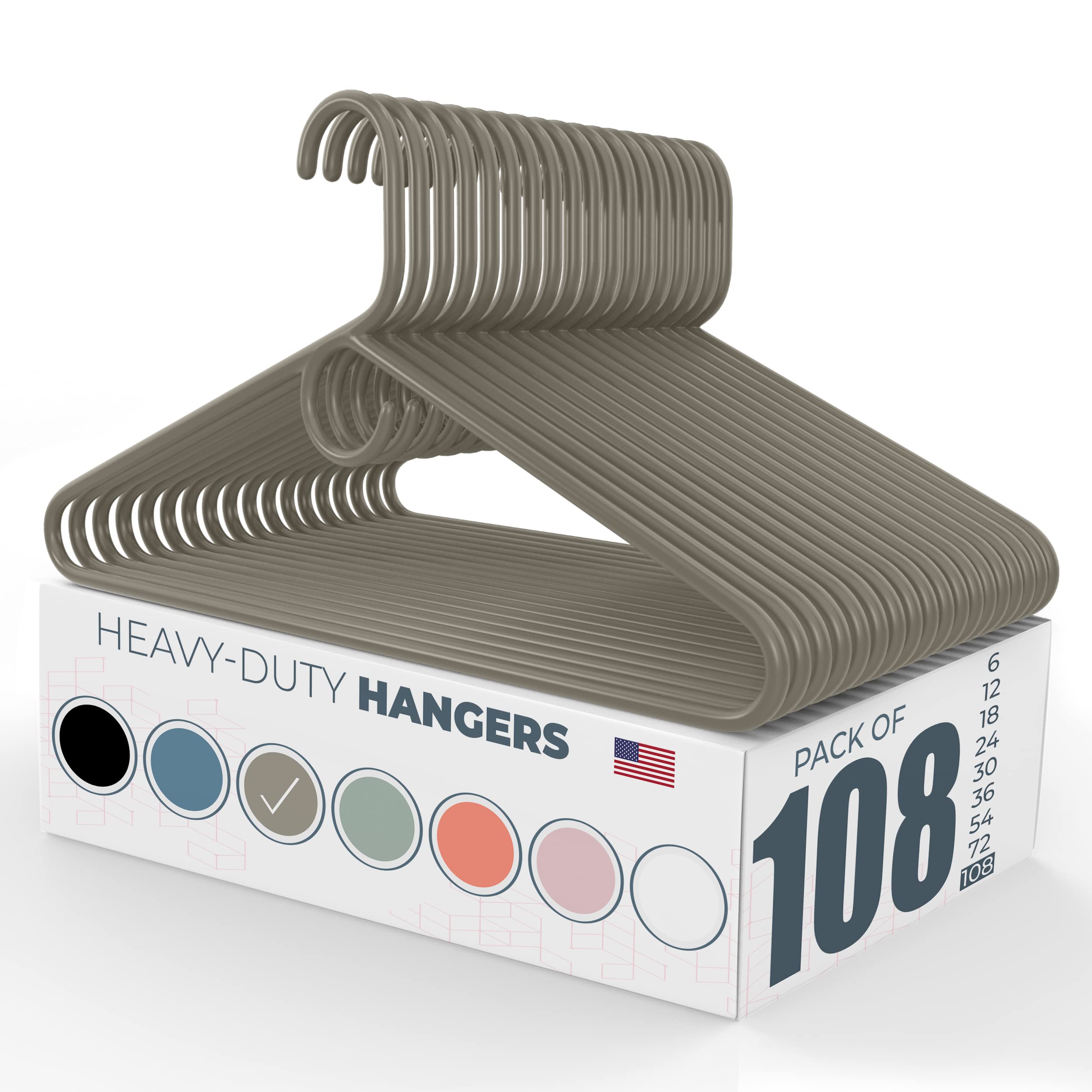 108pk Heavy Duty Plastic Clothes Hangers Bulk - 20/30/50/100 Pack Options | Strong Durable Coat Hangers for Jackets & Closet Organization | Made in USA | Gray Plastic Garment Hangers for Wardrobe, Retail Stores & Laundry Use