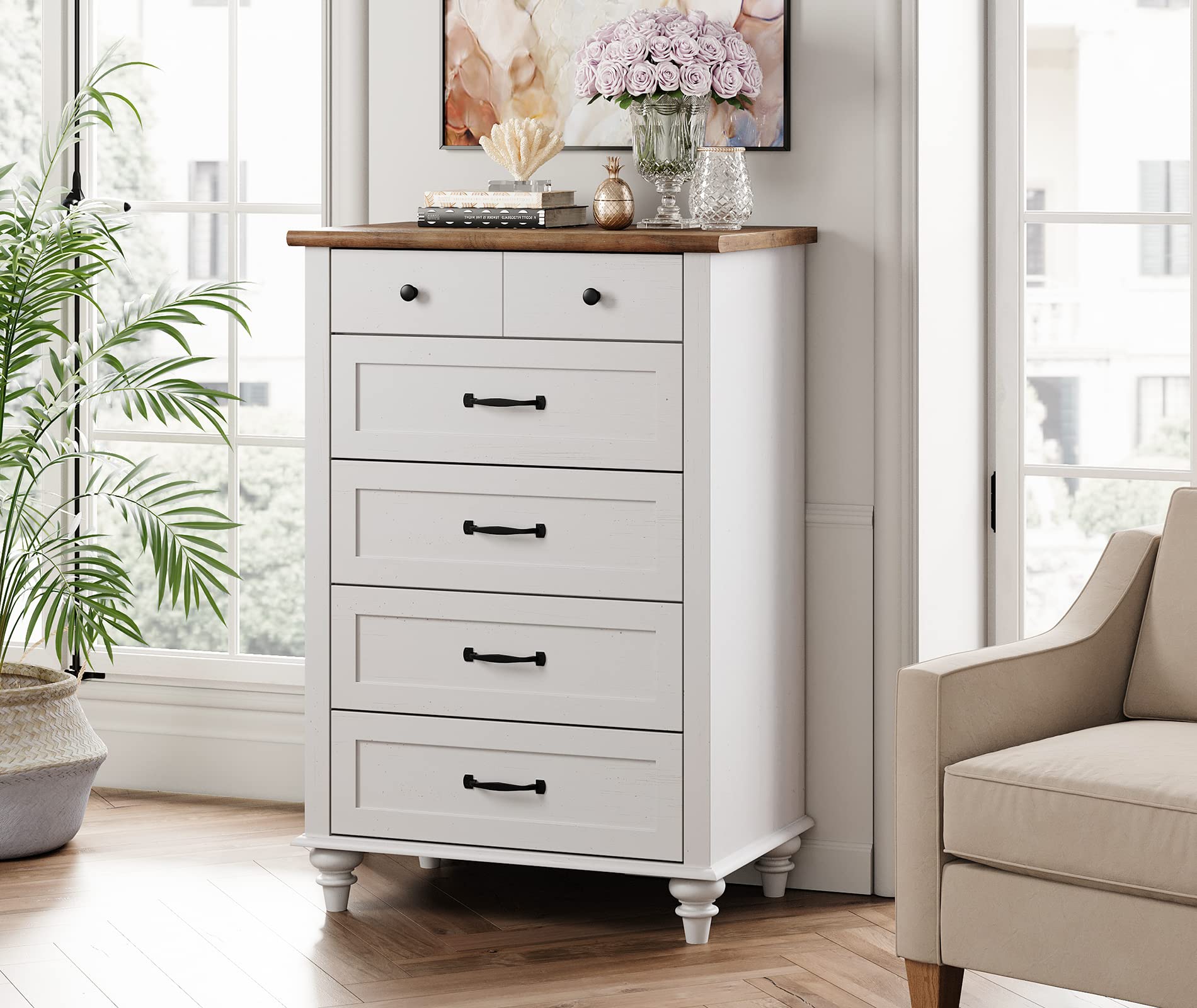 Modern White Dresser with 5 Drawers - Solid Wood Legs for Bedroom Storage | Farmhouse Kids Dresser Organizer