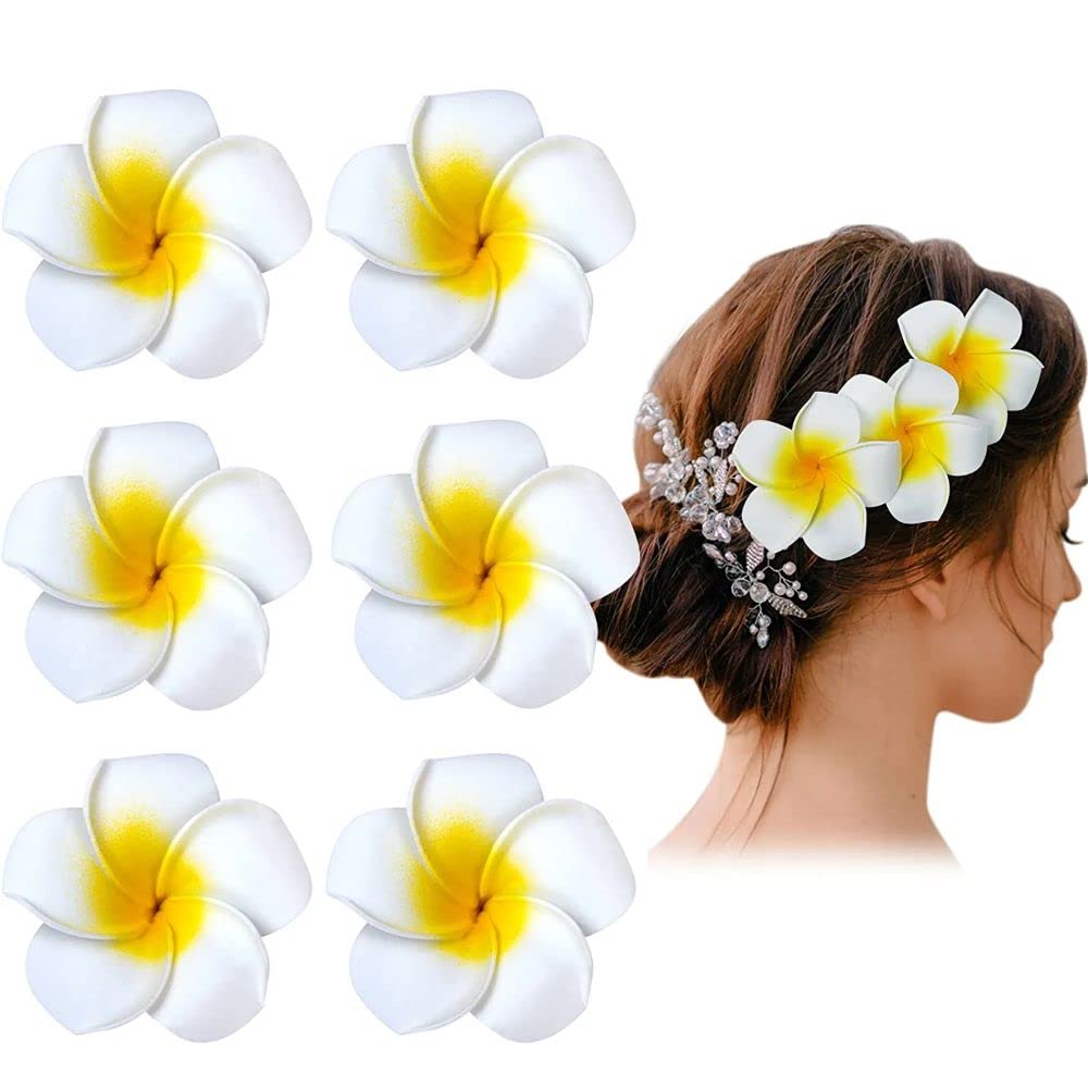 SHIVAMKRAFT 6-Piece White Artificial Hawaiian Flower Hair Clips - Elegant Floral Claw Hair Accessories for Women, Perfect for Hair Buns, Weddings, Bridal, Valentine's Day Gifts & Everyday Styling (White)
