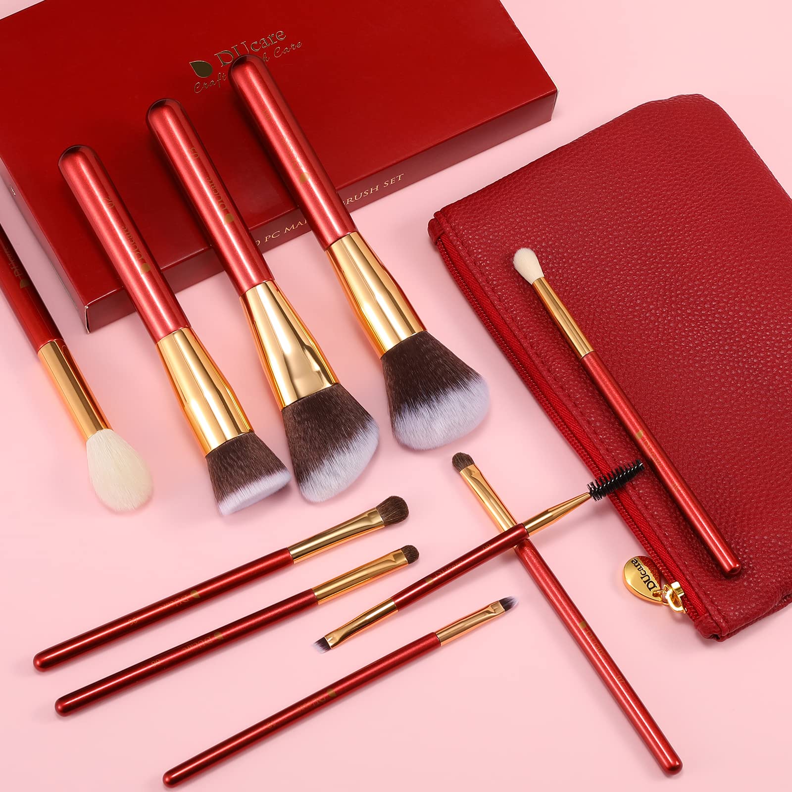 DUcare 10-Piece Premium Makeup Brush Set - Red Synthetic Kabuki, Foundation & Eye Brushes with Travel Case | Perfect for Professional Makeup Artists & Beginners | Home Use, Travel & Salon Makeup Application