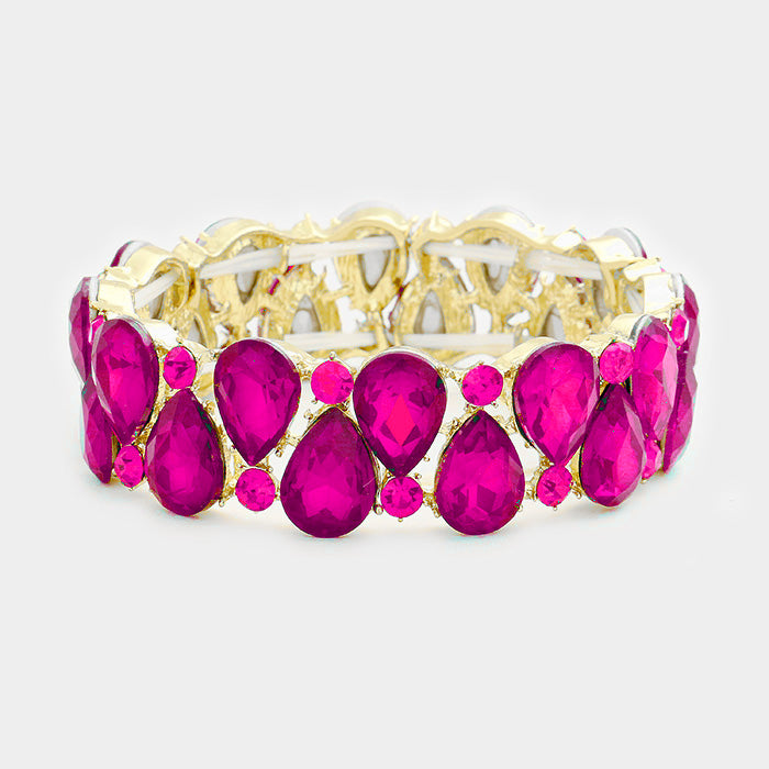 Double Row Fuchsia Crystal Teardrop Stretch Bracelet in Gold - Elegant Women's Jewelry for Parties, Weddings & Special Occasions