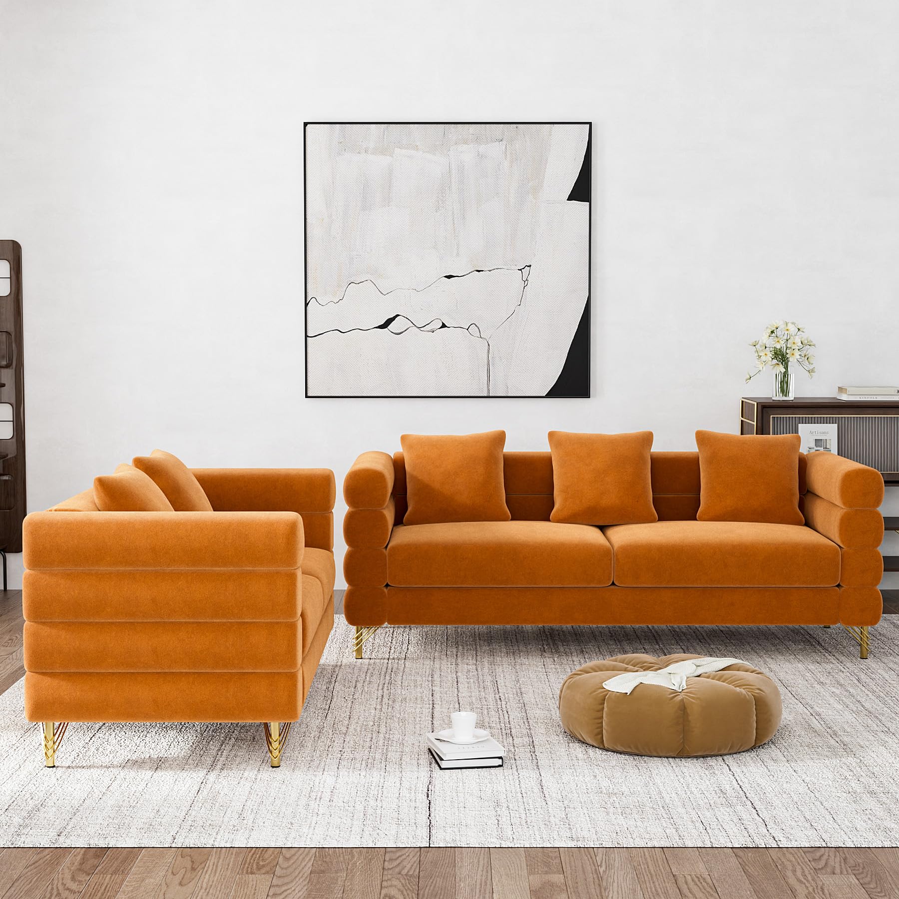 Modern Velvet Sofa and Loveseat Set - Overstuffed Deep Seat Cloud Couch with 5 Pillows, Oversized Chesterfield Furniture for Living Room & Bedroom (Orange) - Perfect for Small Spaces, Apartments and Cozy Home Decor