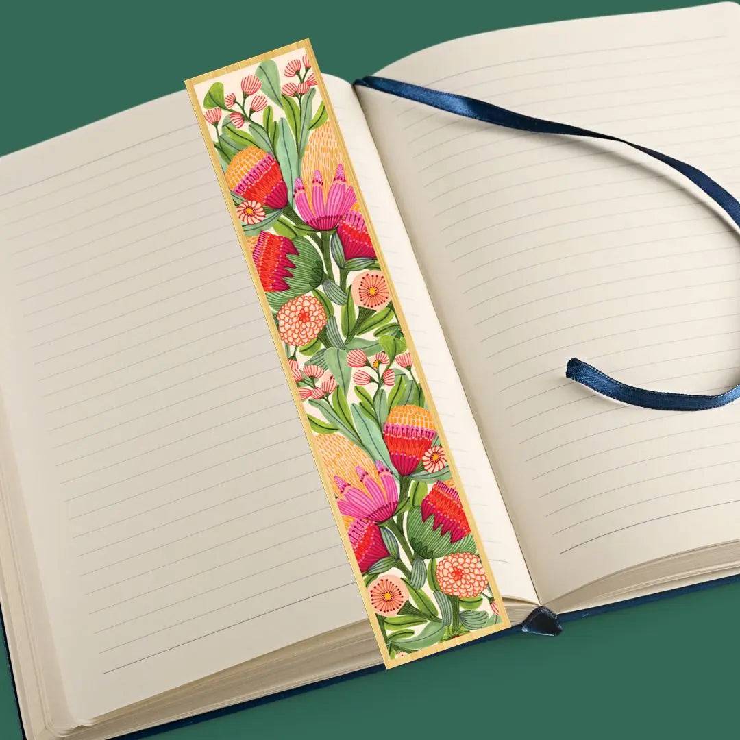 Handmade Proteas & Gum Blossoms Wooden Bookmark - Unique Floral Design for Book Lovers - Perfect Gift for Readers & Book Club Members