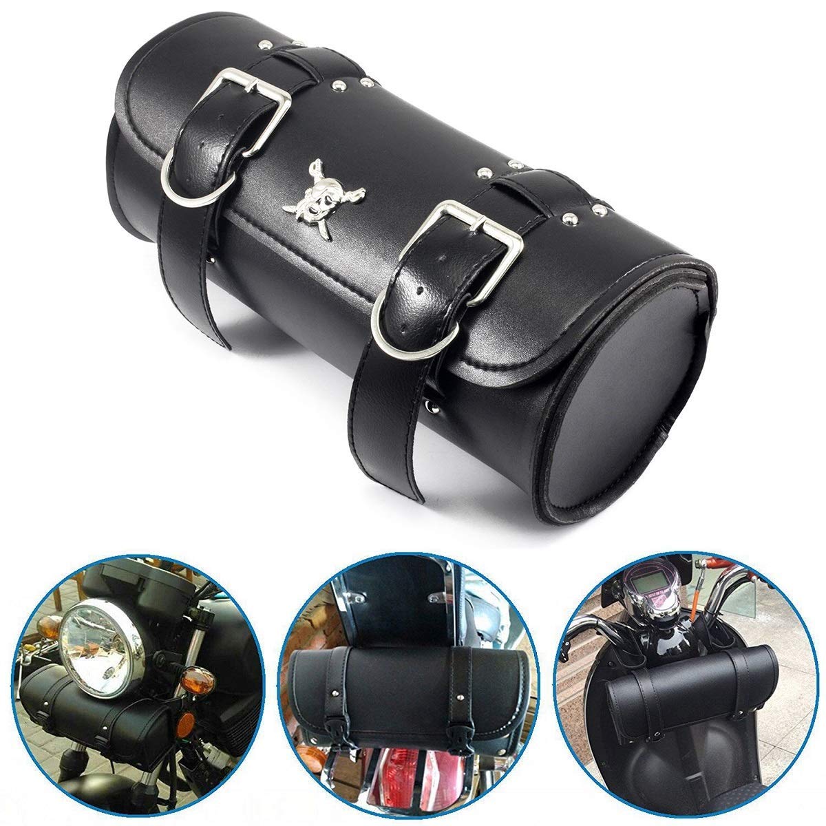 Motorcycle Skull Ghost PU Leather Front Fork Tool Bag - Waterproof Saddlebag Side Bag for Harley, Chopper, Bobber, Cruiser & Suzuki - Perfect for Storage, Travel & Long Rides