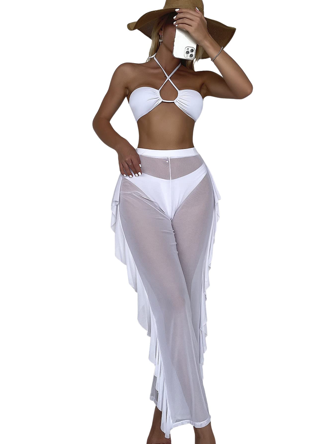 MakeMeChic Women's 3 Piece Swimsuit Set - Solid Halter Bikini with Ruffle Sheer Cover Up for Beach, Pool & Vacation | Summer Swimwear Collection