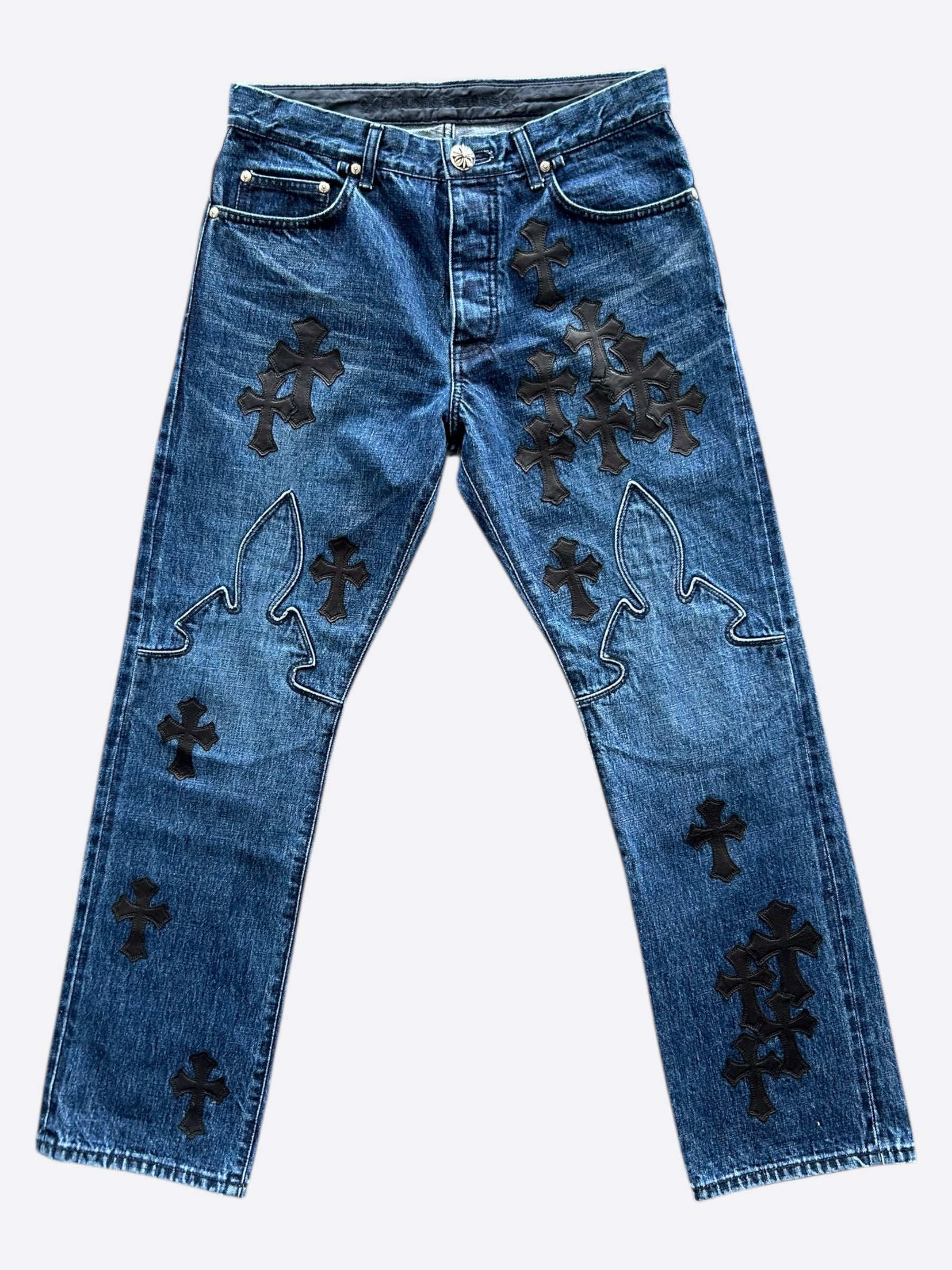 Chrome Hearts Blue & Black Cross Patch Fleur Jeans for Men & Women | Gothic Punk Fashion Denim Pants | Perfect for Concerts, Streetwear & Edgy Outfits