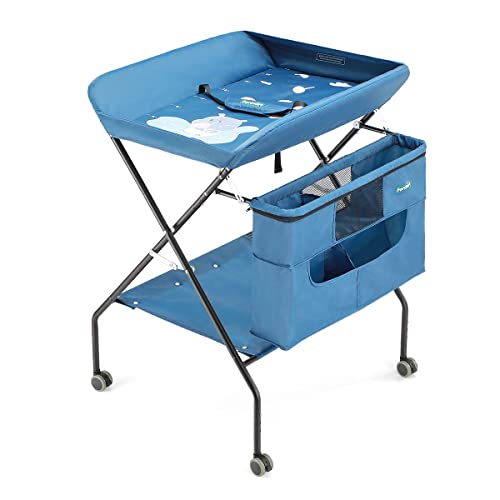 Portable Baby Changing Table with Wheels - Adjustable Height Folding Diaper Station, Mobile Nursery Organizer with Large Storage Racks for Newborn & Infant | Perfect for Home Nursery, Daycare & Travel Use