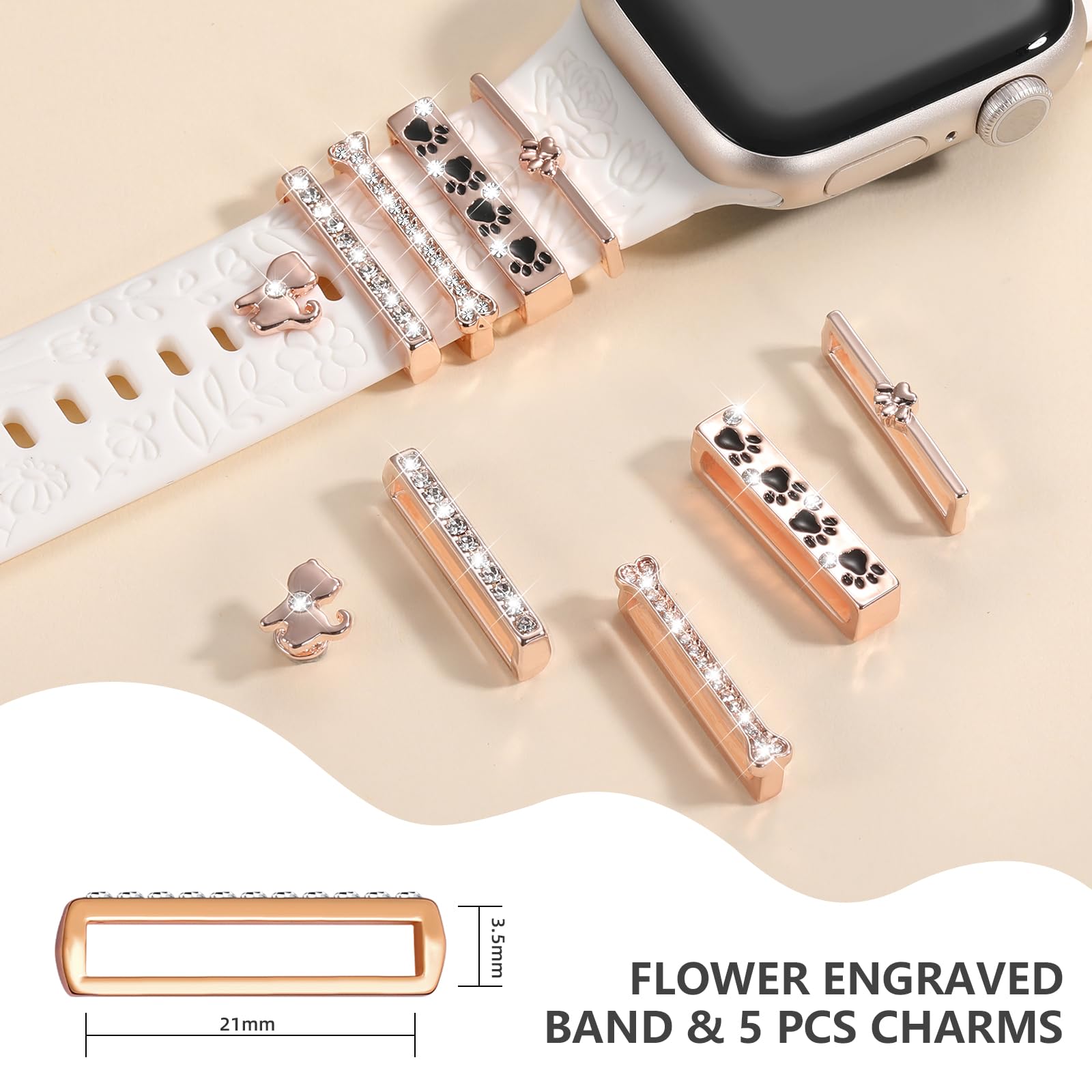 DaQin Floral Engraved Apple Watch Band - Soft Silicone Strap with Charms for Women - Compatible with iWatch Series 9/8/7/6/5/4/3/2/1/SE (38mm/40mm/41mm/42mm/44mm/45mm) - Perfect for Workouts, Office Wear & Fashion Accessories