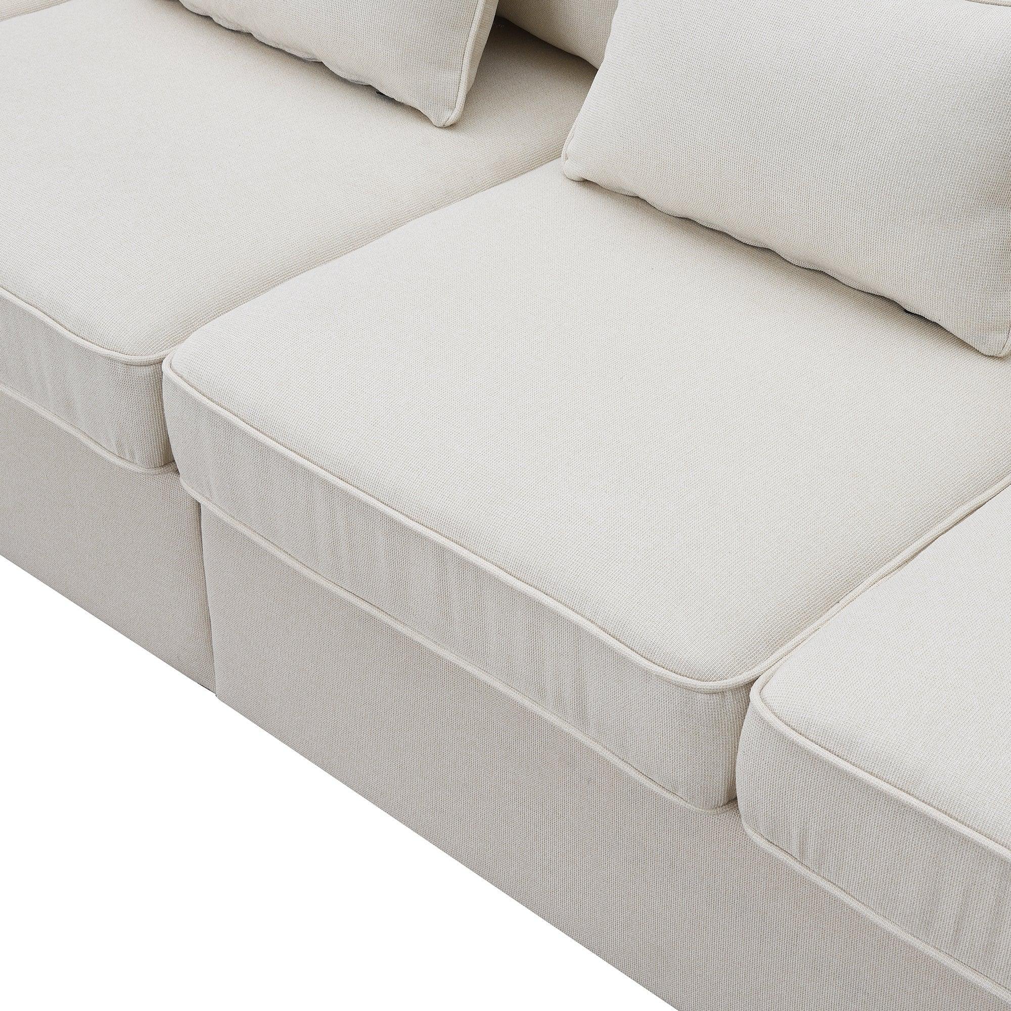 Modern 4-Seater Linen Fabric Sofa with Armrest Storage Pockets & 4 Throw Pillows - Minimalist Living Room Couch for Small Spaces, Apartments and Cozy Home Decor