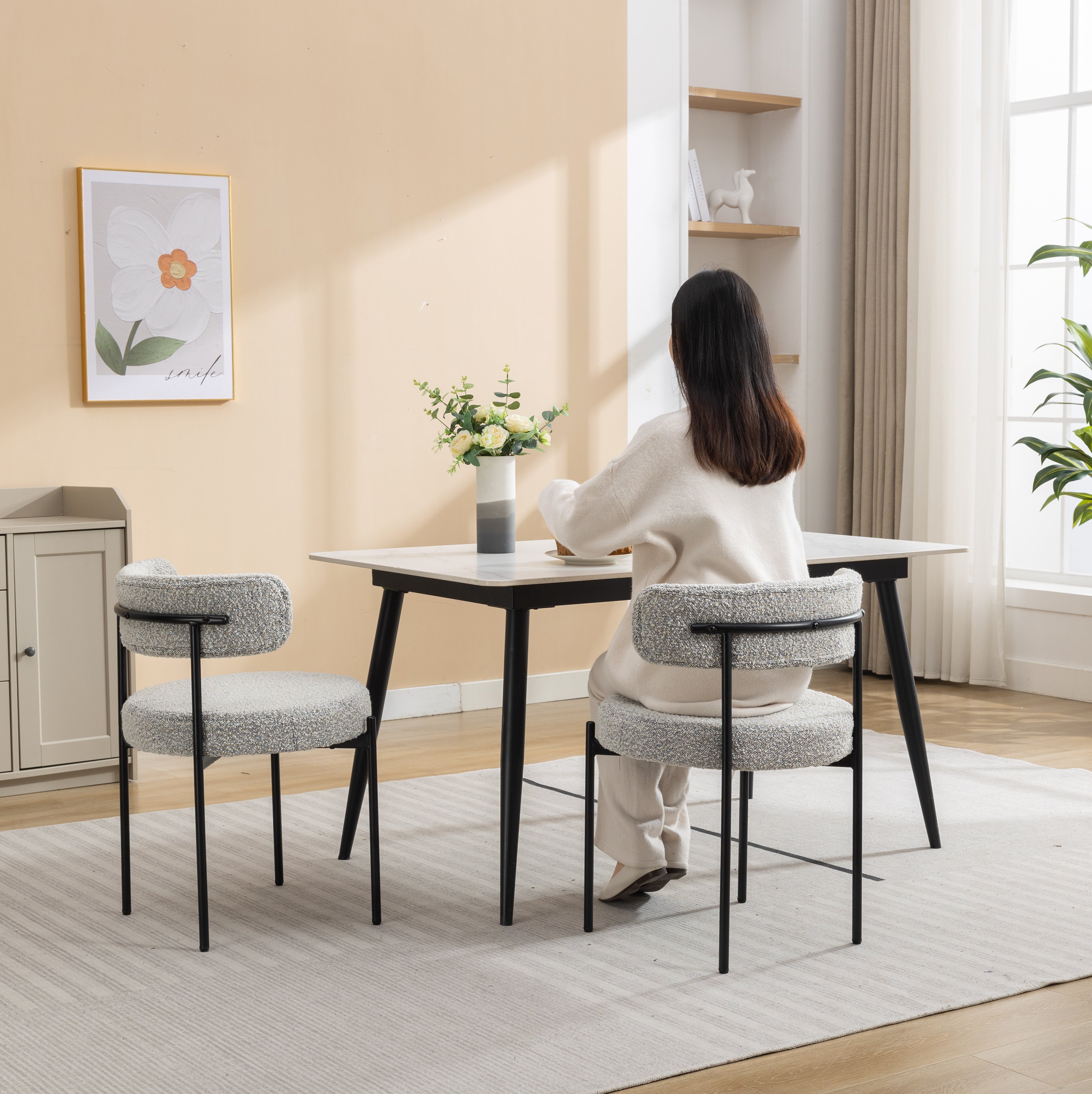 Roundhill Furniture Burbank Modern Round Boucle Dining Chairs, Set of 2 - Mid Century Style Upholstered Seating for Kitchen, Dining Room & Breakfast Nook - Comfortable & Stylish Home Decor
