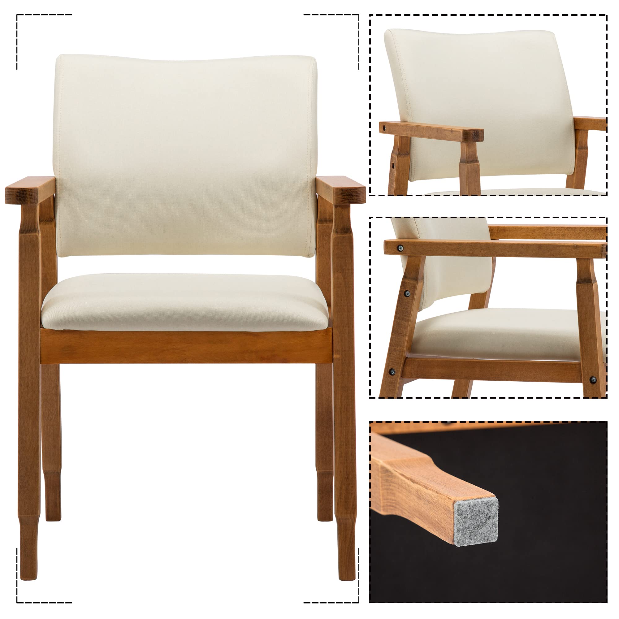 Set of 4 Walnut Dining Chairs with Wooden Arms and Legs - Beige Living Room Decor Furniture for Dining Room, Kitchen, or Home Office